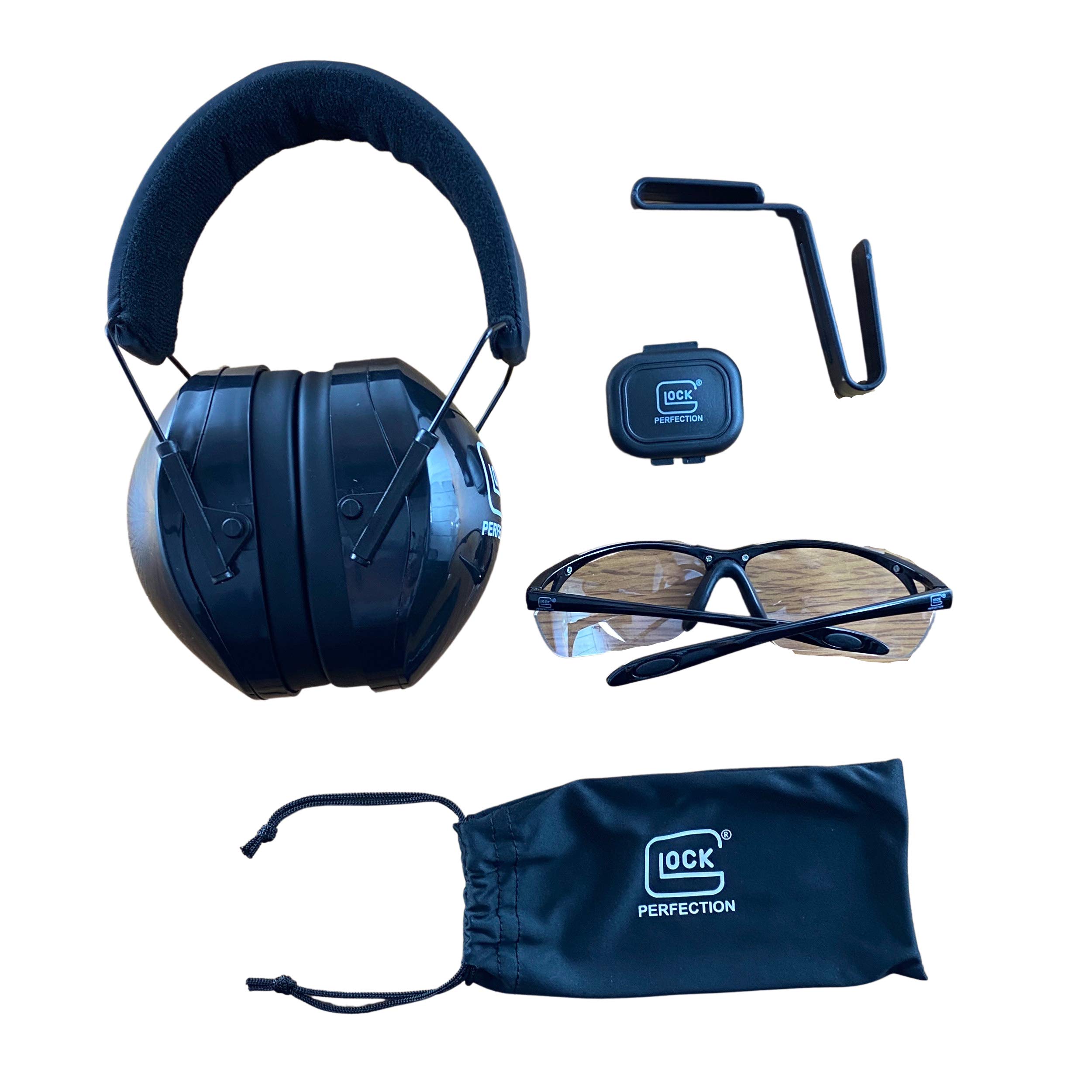 مجموعه رسمی GLOCK Range Kit شامل گوشی‌های محافظتی از گوش‌ها و عینک‌های محافظتی و گوش‌پلاگ‌ها با کیس