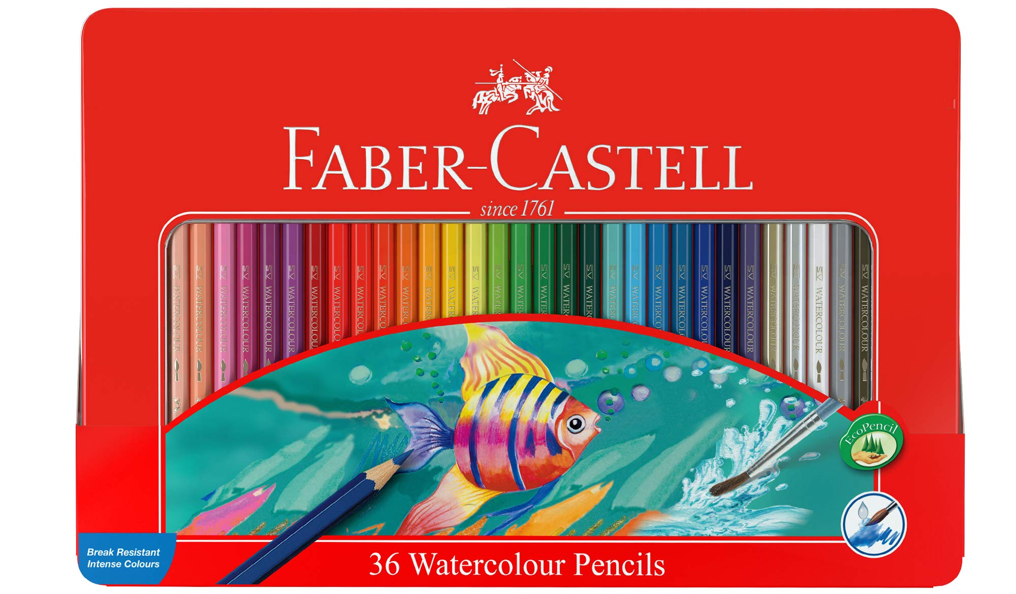 مداد رنگ آبی Faber Castell با طراحی ماهی، 36 رنگ در یک جعبه فلزی تخت، چند رنگ، 115931، Grip، 36 عدد (بسته ۱ تایی)