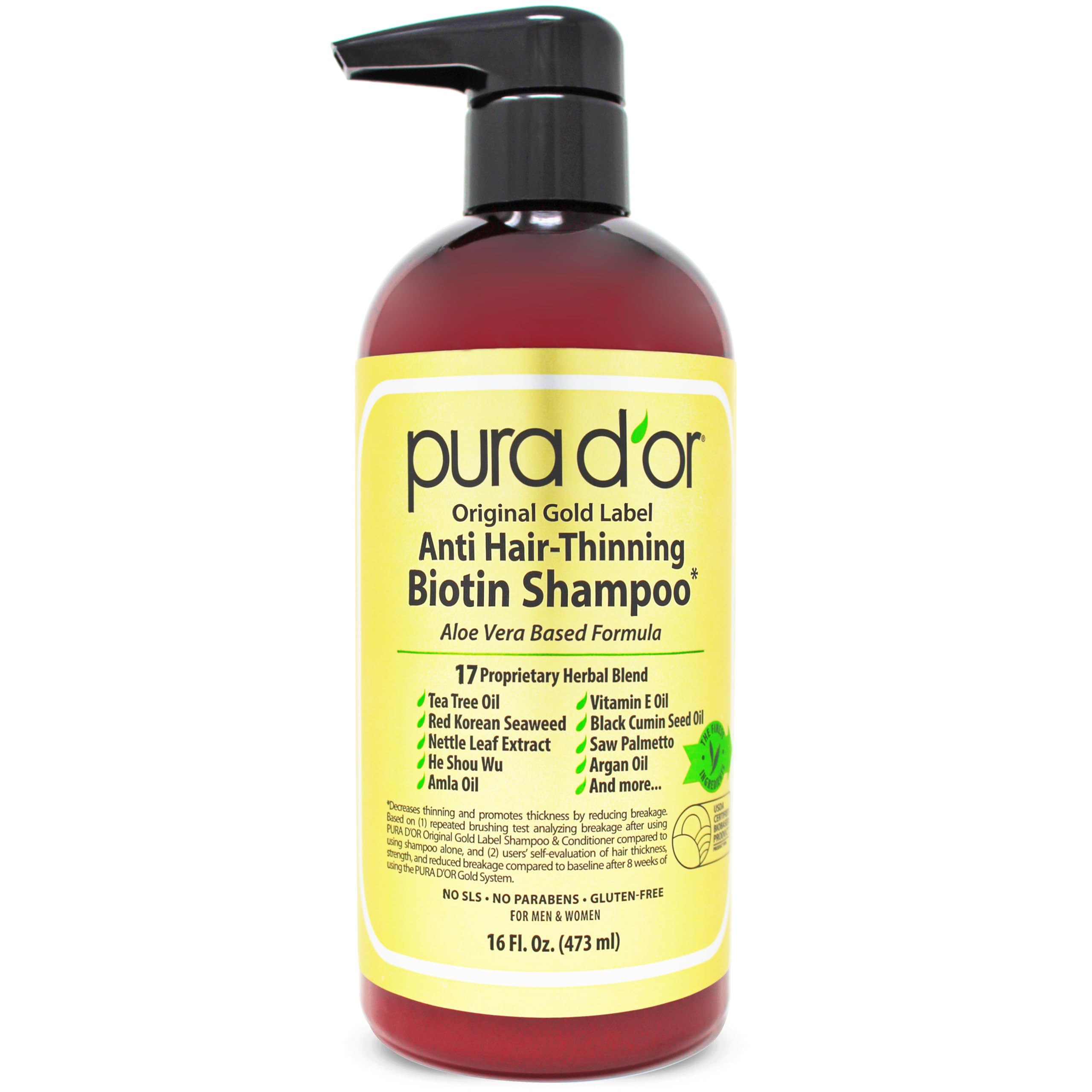 شامپو ضد ریزش Pura d'or Original Gold Label با آزمایش بالینی، حاوی روغن آرگان، بیوتین و مواد طبیعی، بدون سولفات، مناسب برای انواع مو، برای آقایان و بانوان، 16 اونس مایع (بسته بندی ممکن است متغیر باشد)
