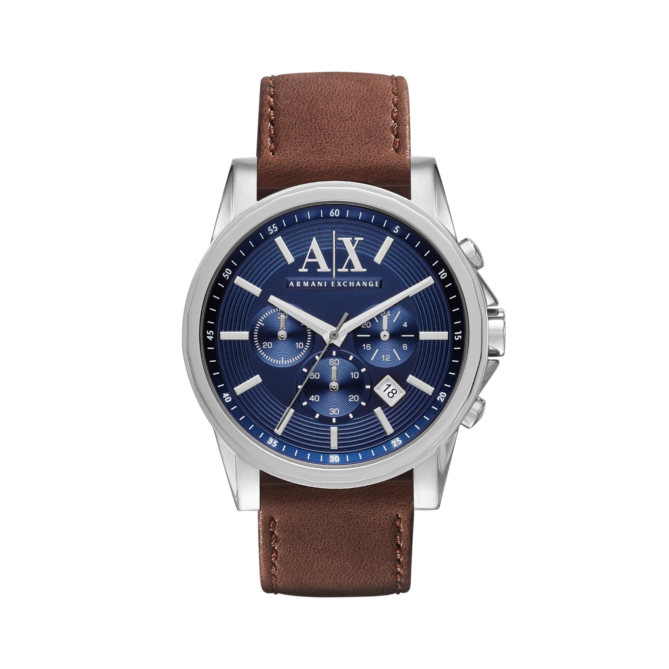 ساعت کرنوگراف AX Armani Exchange برای مردان با بند چرم، استیل‌نلی یا سیلیکون رنگ آبی/قهوه‌ای