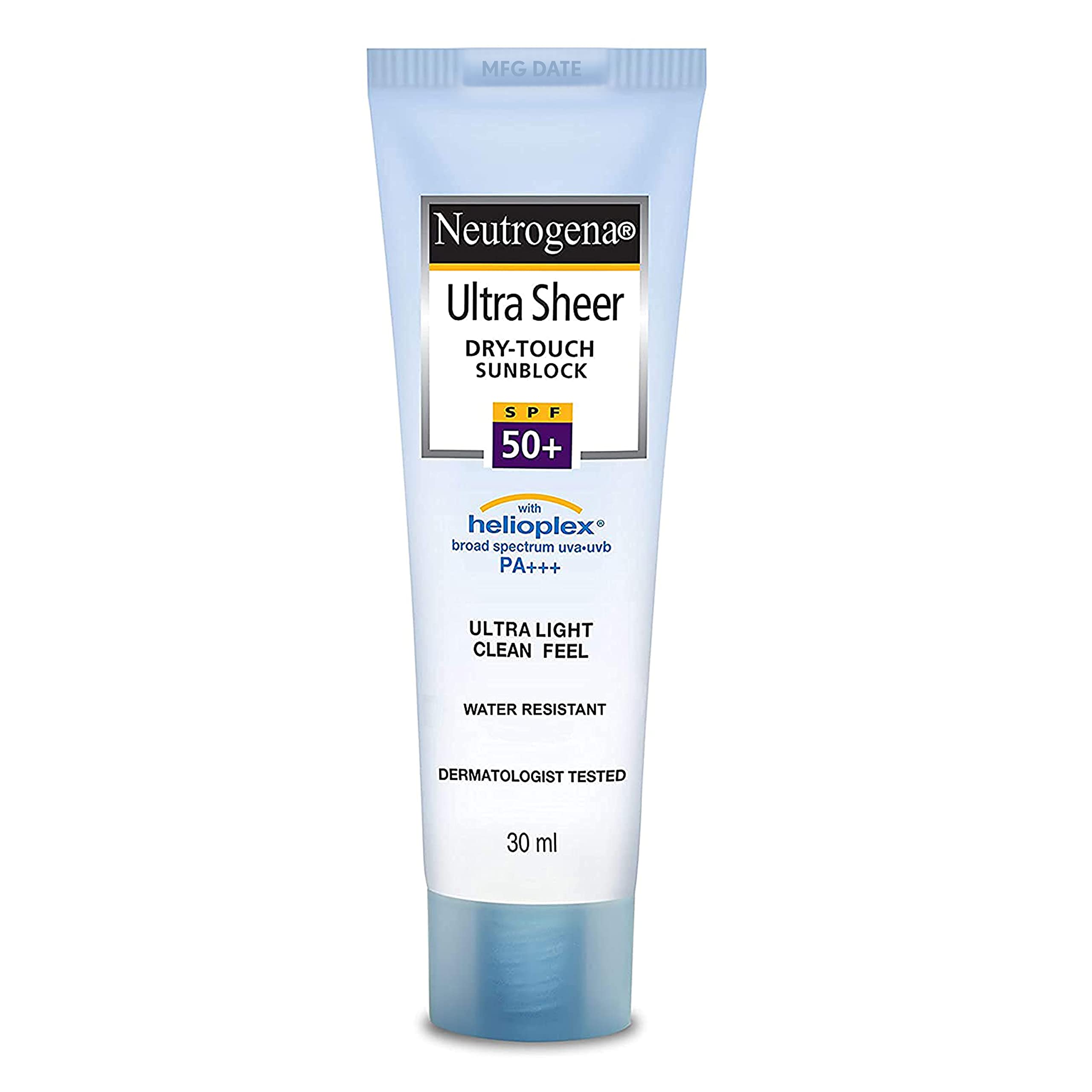 کرم ضدآفتاب Neutrogena Ultra Sheer SPF 50+ | طیف گسترده UVA/UVB | محافظت از نور آبی | بدون باقیمانده سفید | ضدآب و سبک | روغنی، خشک و حساس | 30 گرم (بسته ۱ عدد)، 30 میلی‌لیتر (بسته ۱ عدد)