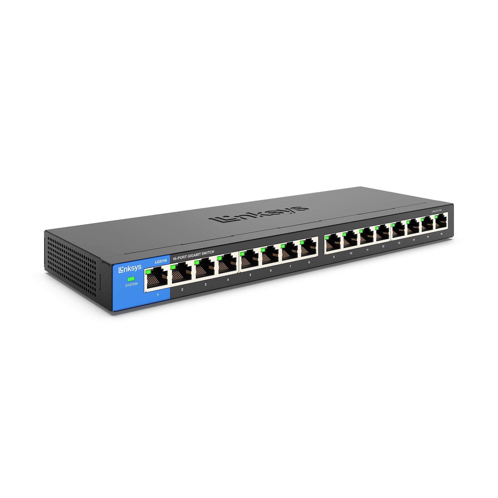سوییچ شبکه بی‌مدیر Linksys LGS116 با ۱۶ پورت گیگابیت - هاب سوییچ اترنت خانگی/اداری با قابلیت نصب دیواری یا رومیزی - تقسیم‌کننده اترنت، اتصال پلاگ‌اندپلی ۱۶ پورت