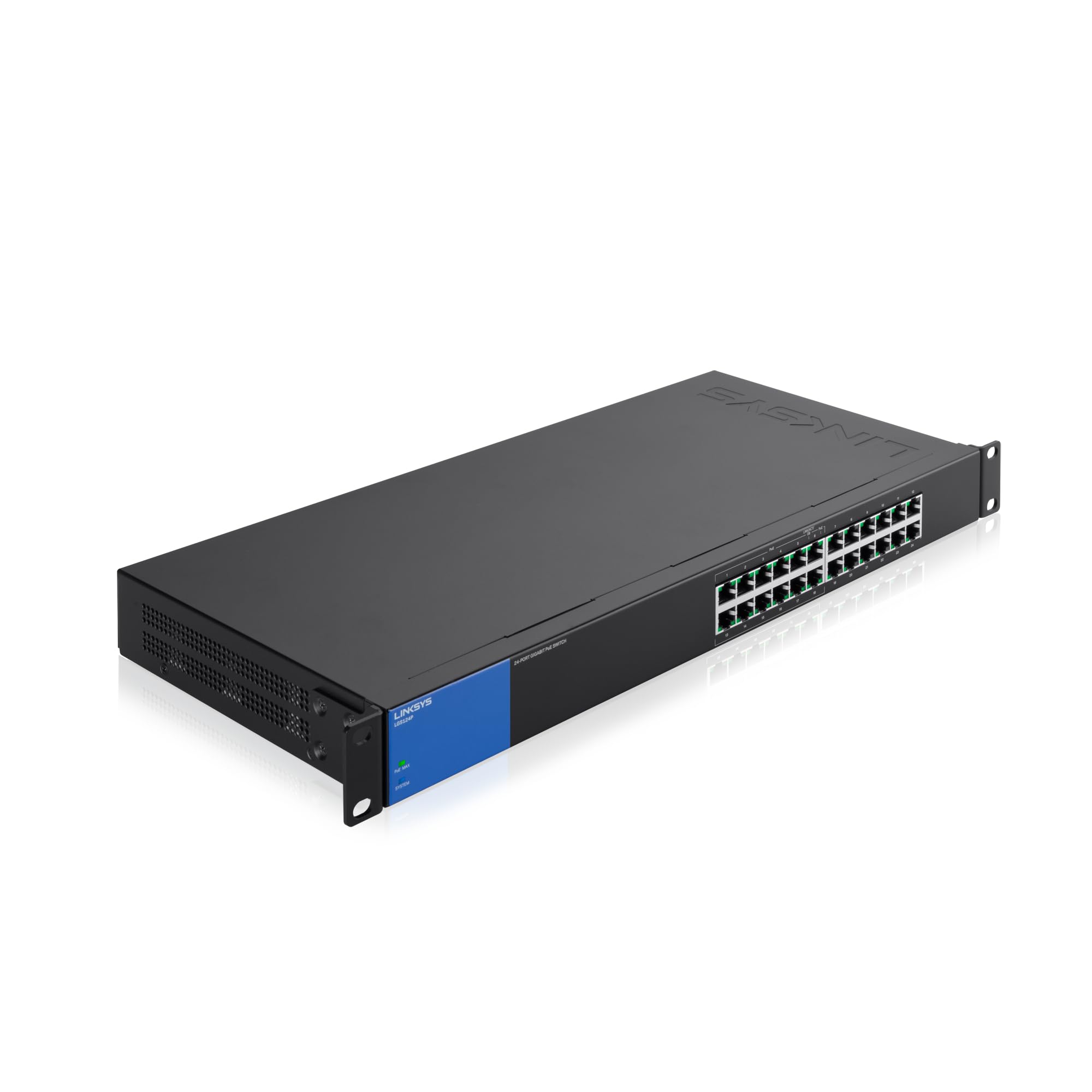 Linksys LGS124P یک سوییچ شبکه بی‌مدیریت 24 پورت گیگابیت با 12 پورت PoE+ @ 120W برای کسب و کار، دفتر، نظارت IP - هاب سوئیچ اترنت با قابلیت PoE و محفظه فلزی 24 پورتی است.