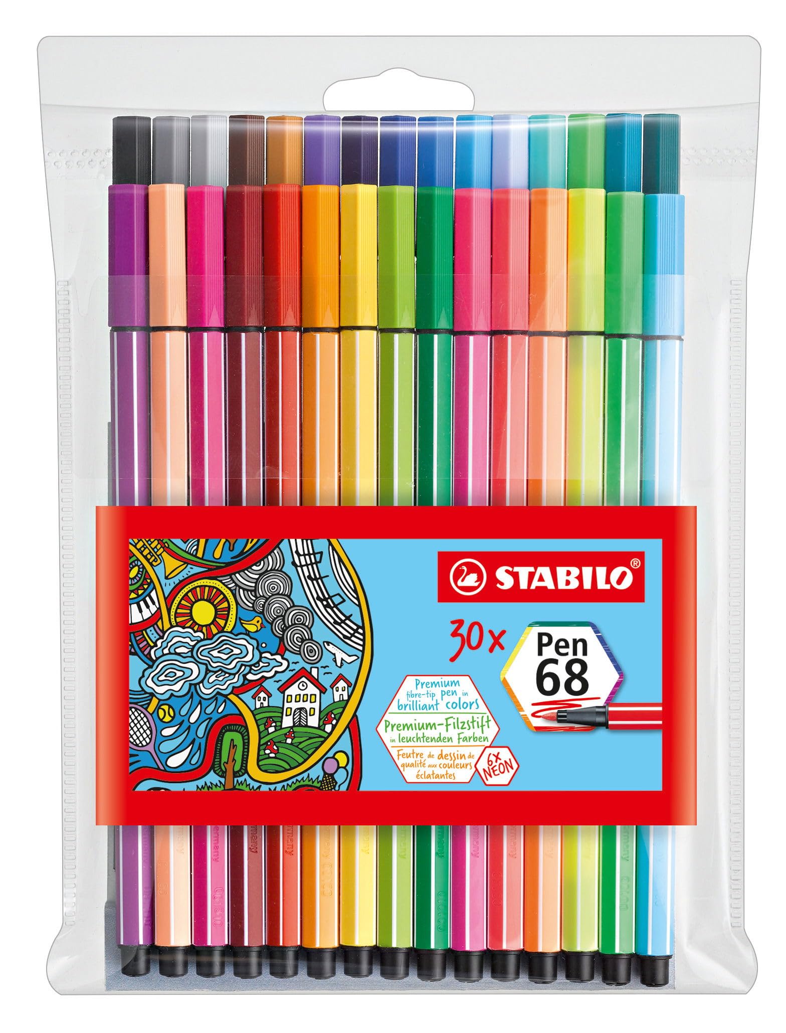 مجموعه مداد STABILO PEN 68 WALLET SET 30 شامل ۳۰ عدد، با رنگ‌های متنوع