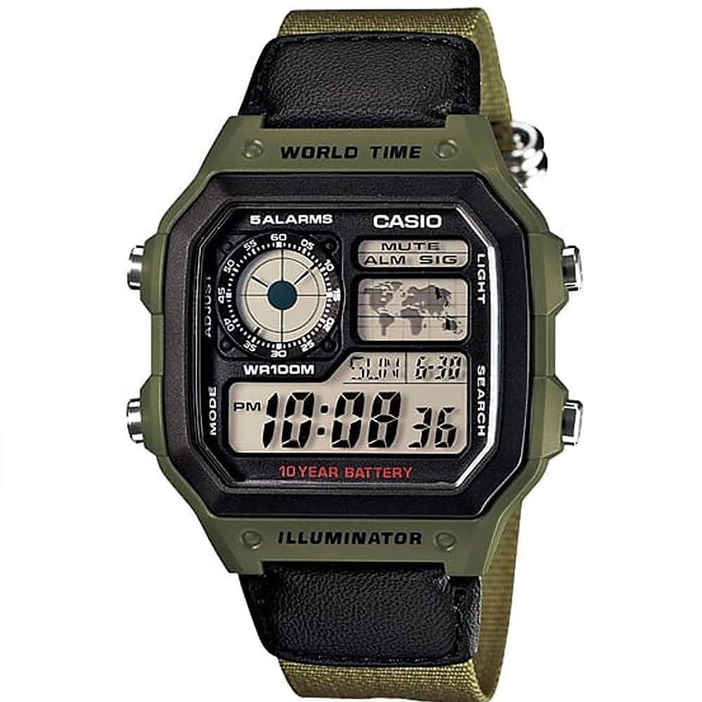 مچ‌بند مردانه کاسیو - مدل AE-1200WHB-3BVDF با صفحه سیاه و بند سبز