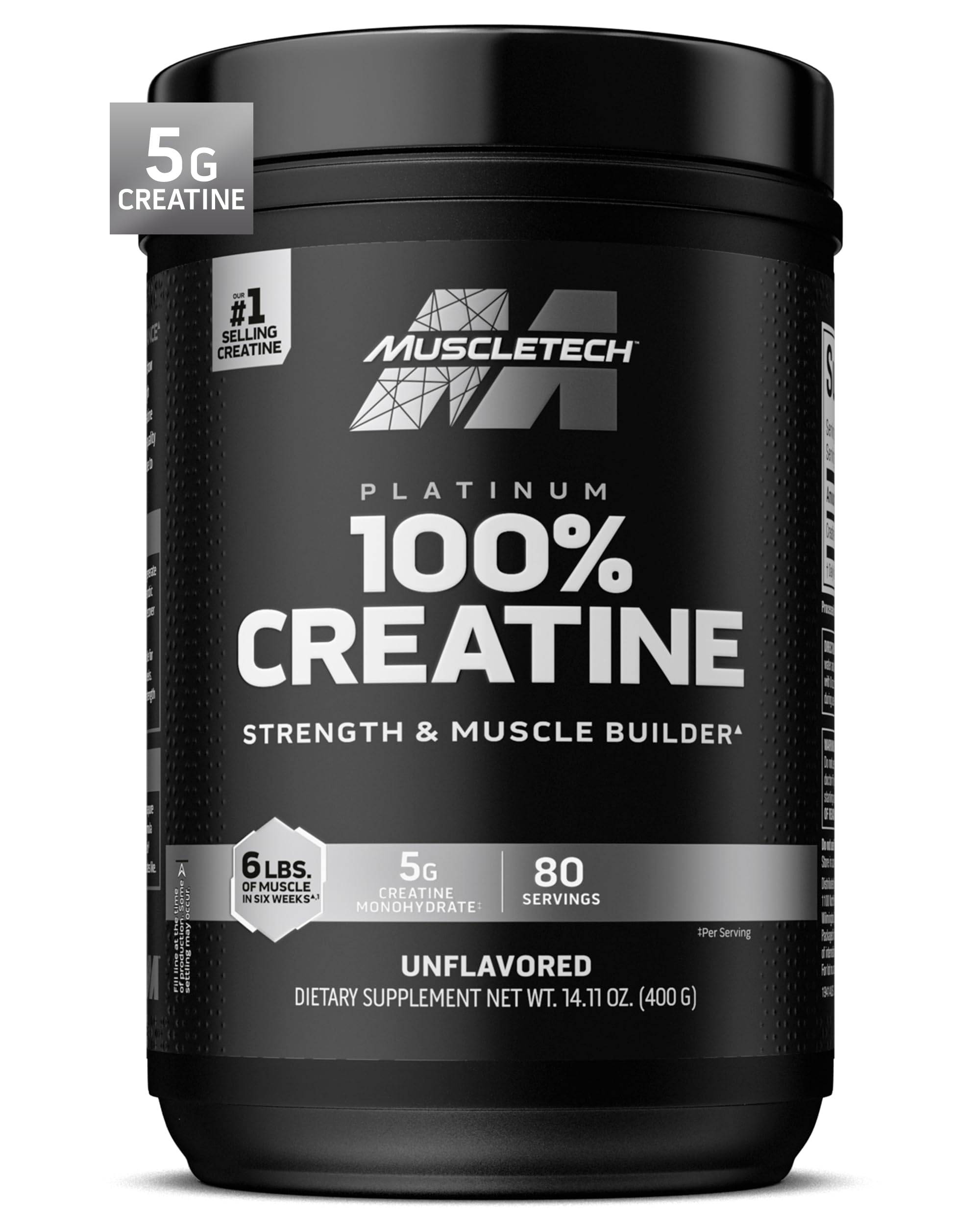 پودر کراتین مونوهیدرات پلاتینوم 100٪ از برند MuscleTech، با ترکیبات خالص و میکرونیزه، کمک به بازسازی عضلات، افزایش قدرت عضلات، تقویت استحکام و بهبود عملکرد عضلات، بزبانه، ۴۰۰ گرم (بسته‌بندی ممکن است متغیر باشد)