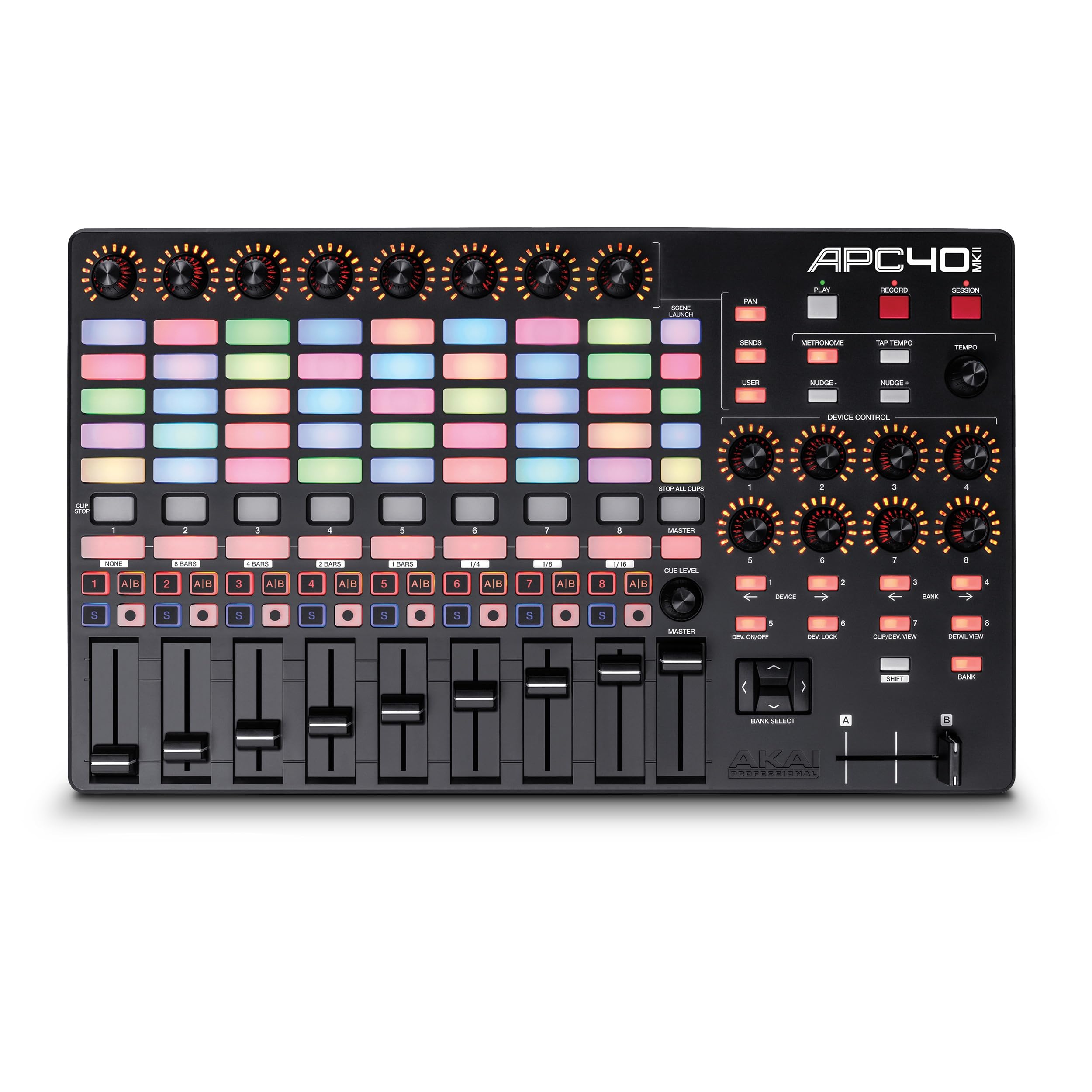 کنترلر پد Akai Professional APC40 MKII یک کنترلر عملکرد USB برای Ableton Live با 8 انکودر، 9 فیدر، 1 صاف‌کننده، و ماتریس Clip-launch APC 40 است.