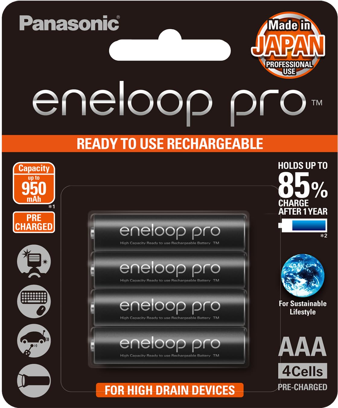 باتری‌های قابل شارژ Panasonic eneloop pro AAA با ظرفیت ۹۵۰mAh، پک ۴ عددی، مدل BK-4HCCE4BT3