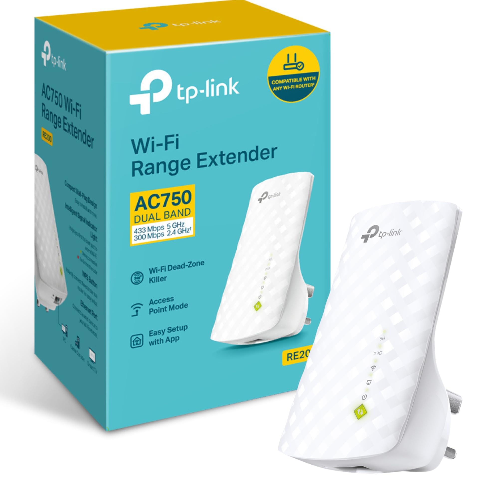 TP-Link RE200 AC750 رنج اکستندر دو باند یونیورسال، گسترش‌دهنده برودباند/وای فای، بوستر/هات‌اسپات وای فای با پورت اترنت، پلاگ اند پلی، نشانگر سیگنال هوشمند، پلاگ بوستر وای فای AC750 OneMesh ورودی برق بریتانیا