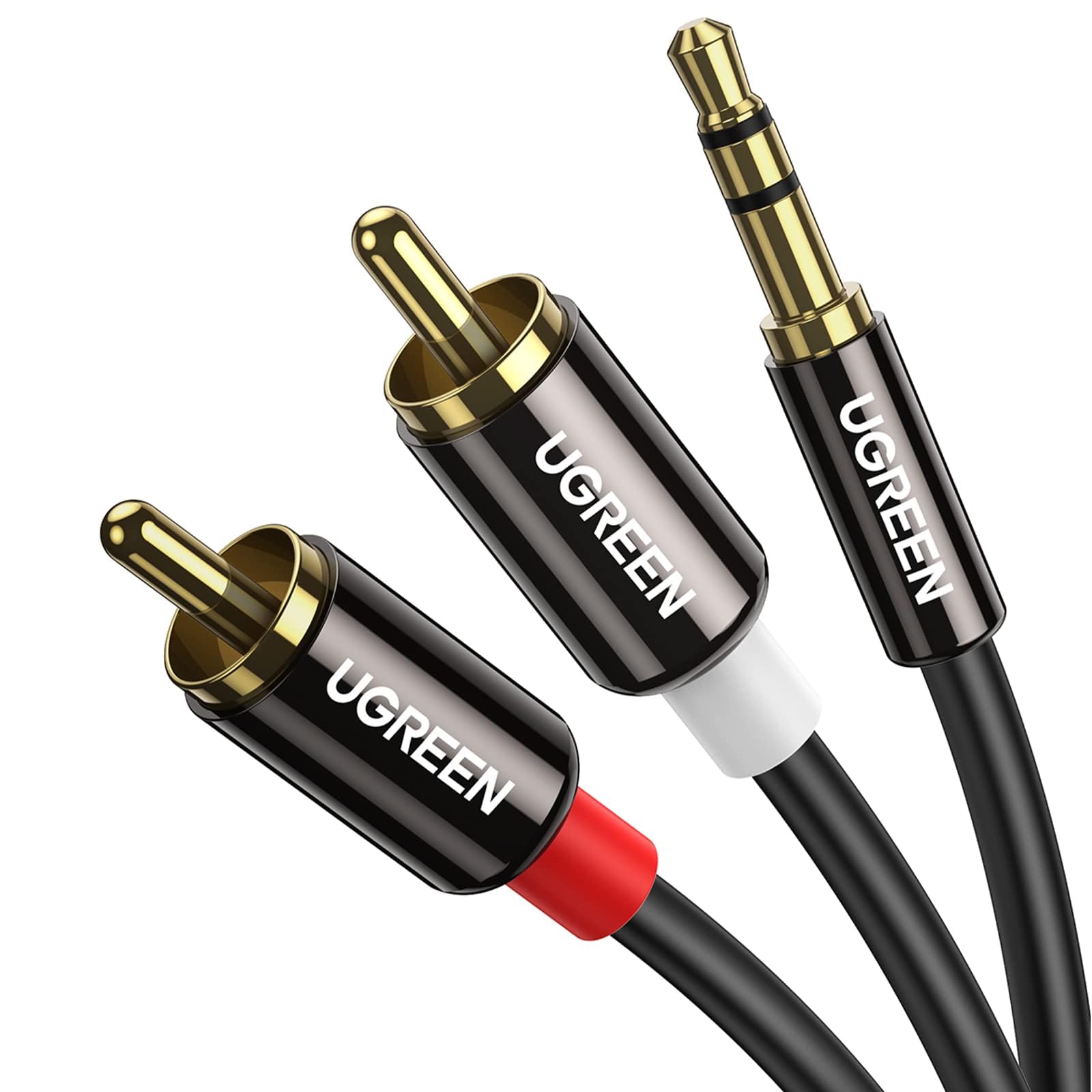 کابل تقسیم صوتی UGREEN 3.5 میلی‌متر به 2RCA، آداپتور فرعی صوتی AUX RCA Y برای گوشی‌های هوشمند، اسپیکرها، تبلت‌ها، تلویزیون‌های هوشمند و پخش کننده‌های MP3 (با طول 15 فوت یا 5 متر).