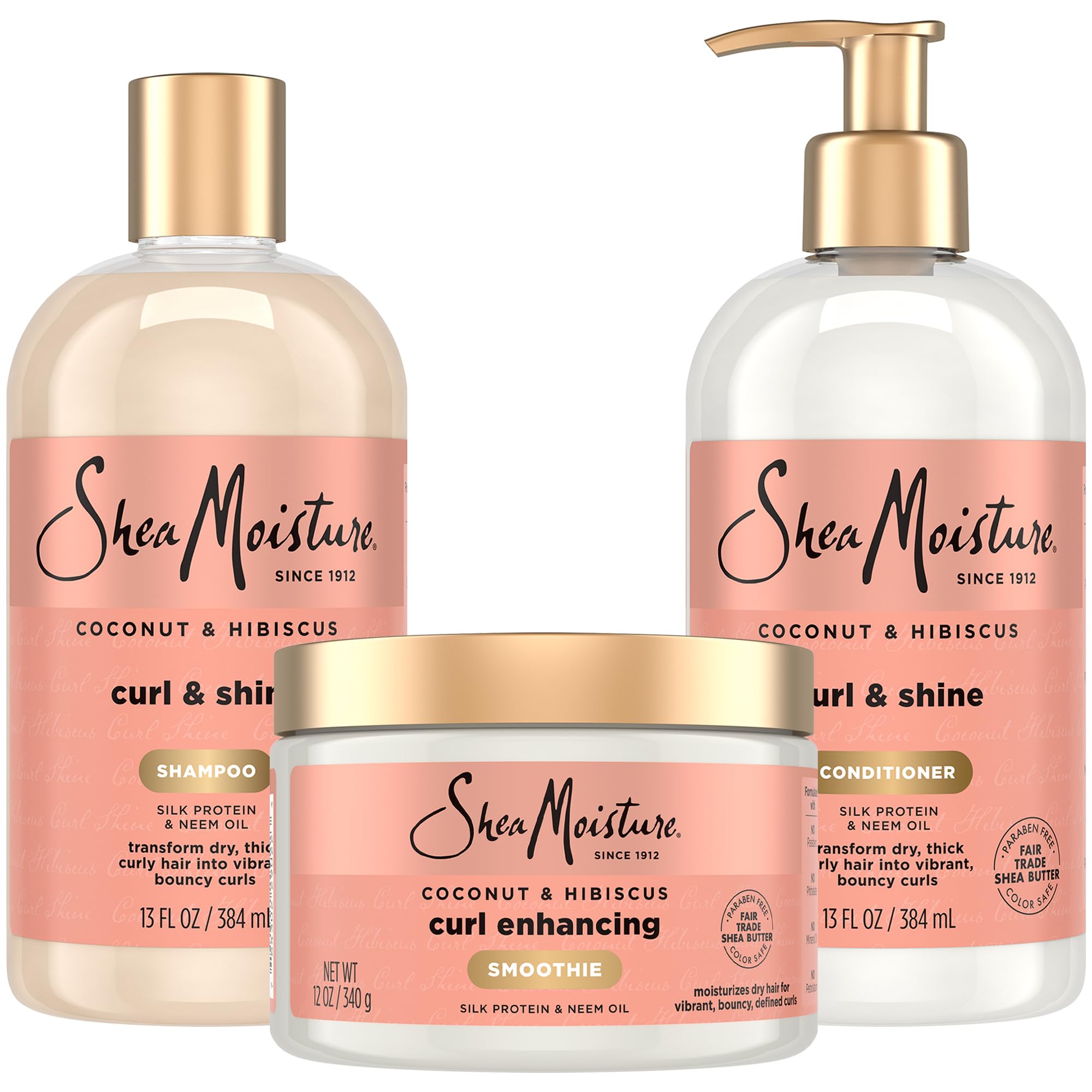 ست شامپو و کاندیشنر SHEA MOISTURE، نارگیل و زنبق هاوائی با حجم ۱۳ اونس هر کدام در یک مجموعه با اسموتی کرل انهانسینگ ۱۲ اونس. محصولات مو بادوام برای موهای مجعد با روغن نارگیل، ویتامین E و روغن نیم در ۳ عدد (بسته‌ی ۱ عدد)