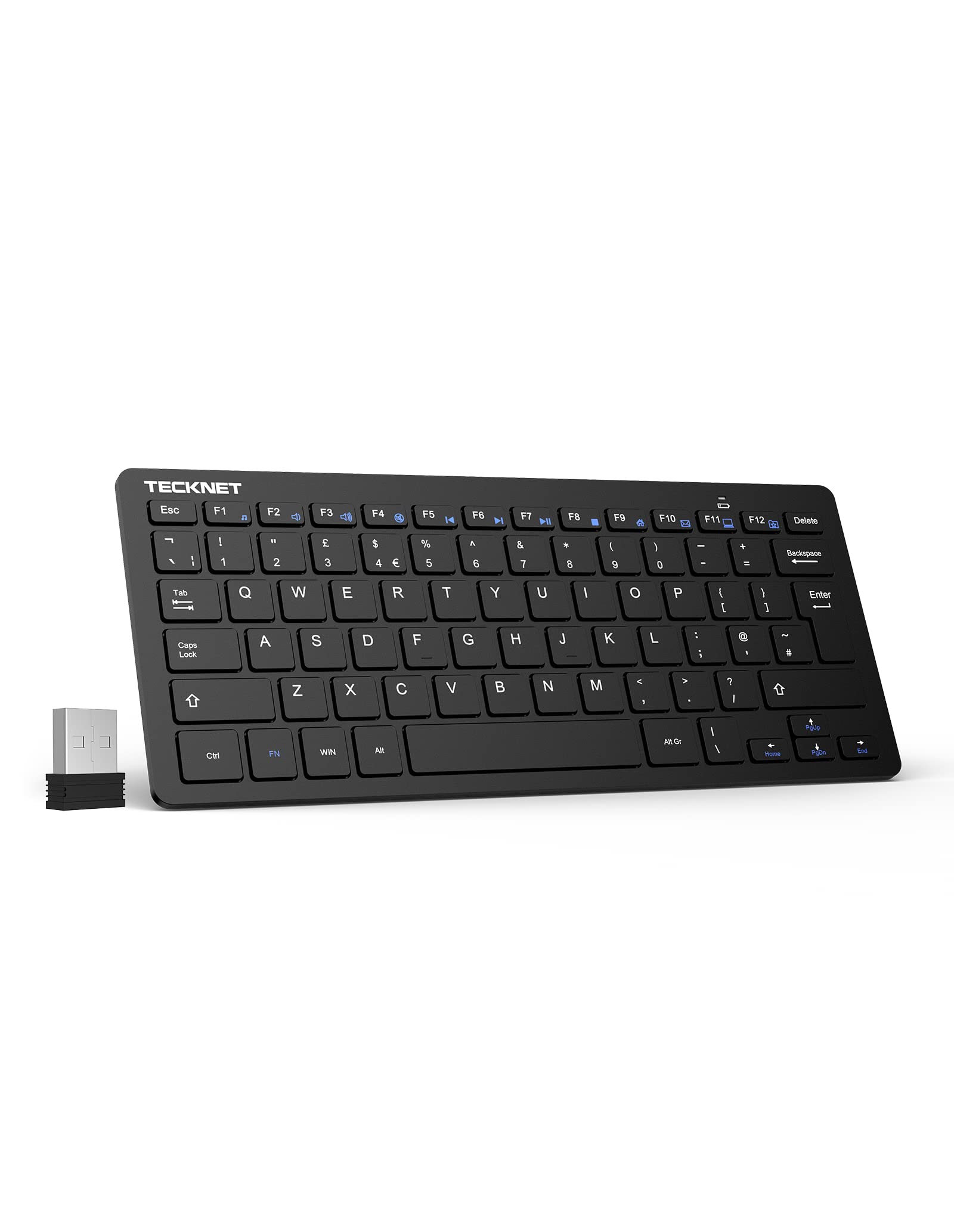 صفحه کلید بی‌سیم TeckNet 2.4G برای ویندوز / Chrome OS ، طرح بریتانیا کوچک کیبورد کوچک Mini ، صفحه کلید بی‌صدا کوچک و سکوت کننده با عمر باتری 12 ماه (سیاه)