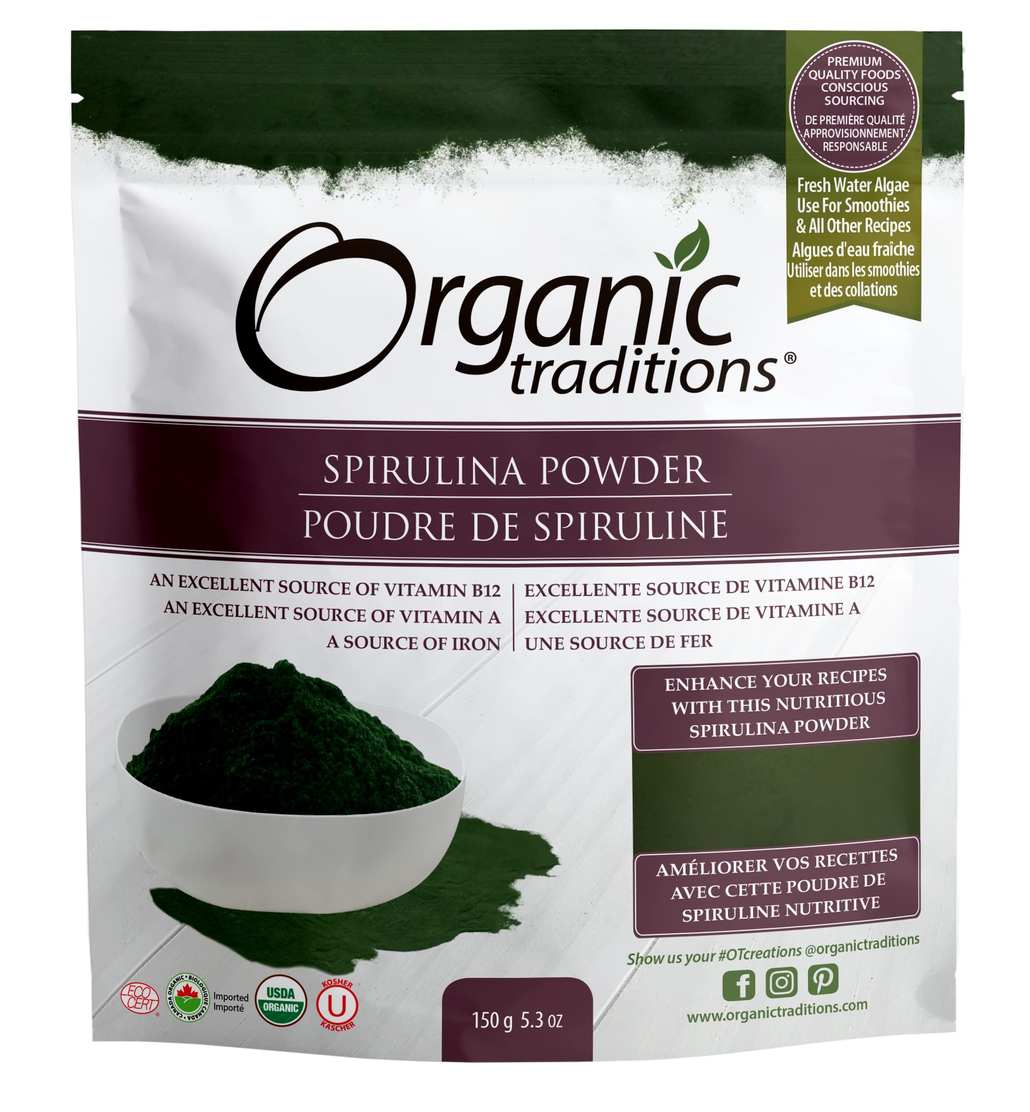 پودر اسپیرولینا  Organic Traditions | 150 گرم | منبع عالی ویتامین B12، ویتامین A، و آهن | جلبک آب شیرین تازه | ارگانیک USDA