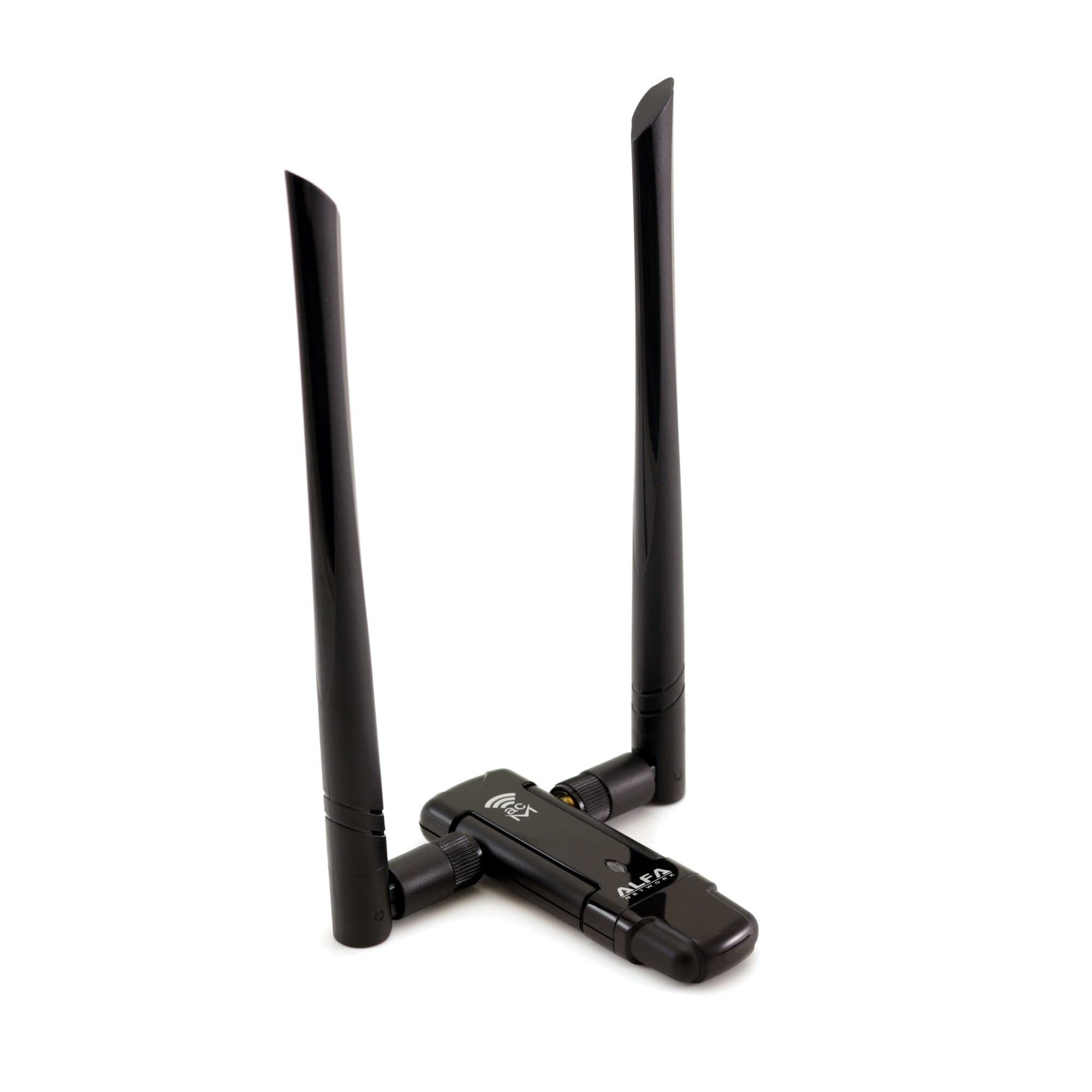آداپتور بی‌سیم ALFA Network Dual-Band AC1200 با USB 3.0 و دو آنتن خارجی 5dBi - سرعت 300 مگابیت بر ثانیه در فرکانس 2.4 گیگاهرتز / 867 مگابیت بر ثانیه در فرکانس 5 گیگاهرتز - پشتیبانی از استانداردهای 802.11ac و A, B, G, N - پایه USB 2.0