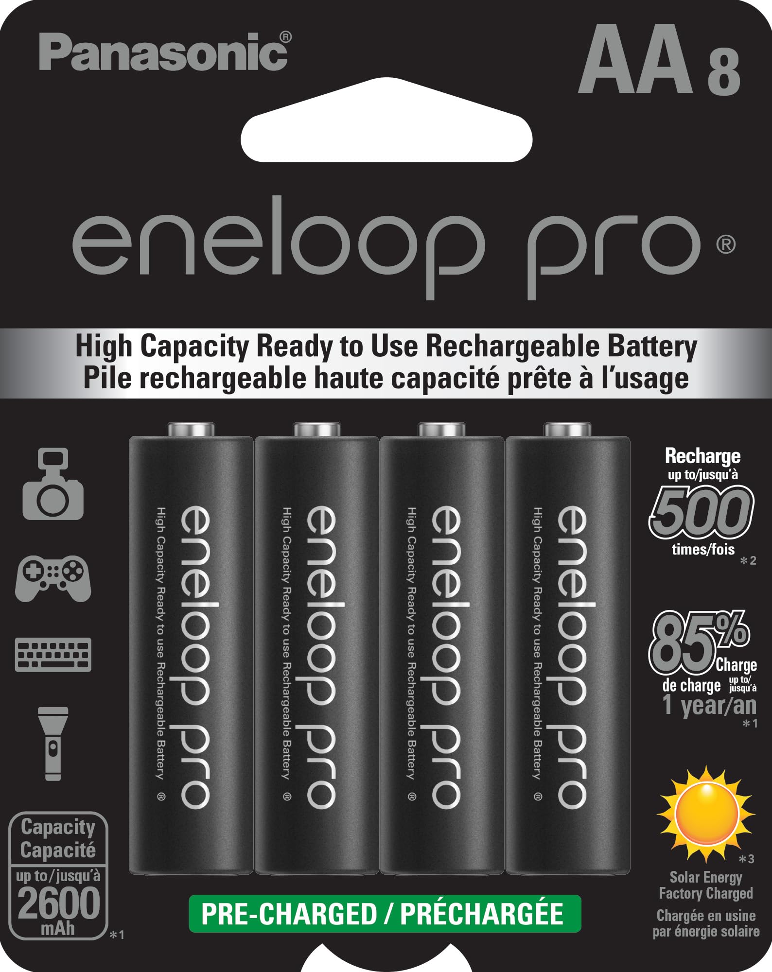 باتری‌های قابل شارژ پیش‌شارژ شده Panasonic Eneloop Pro AA با ظرفیت بالا Ni-MH، باتری‌های AA 8 عددی (بسته 8 عددی) (1 بسته) فقط