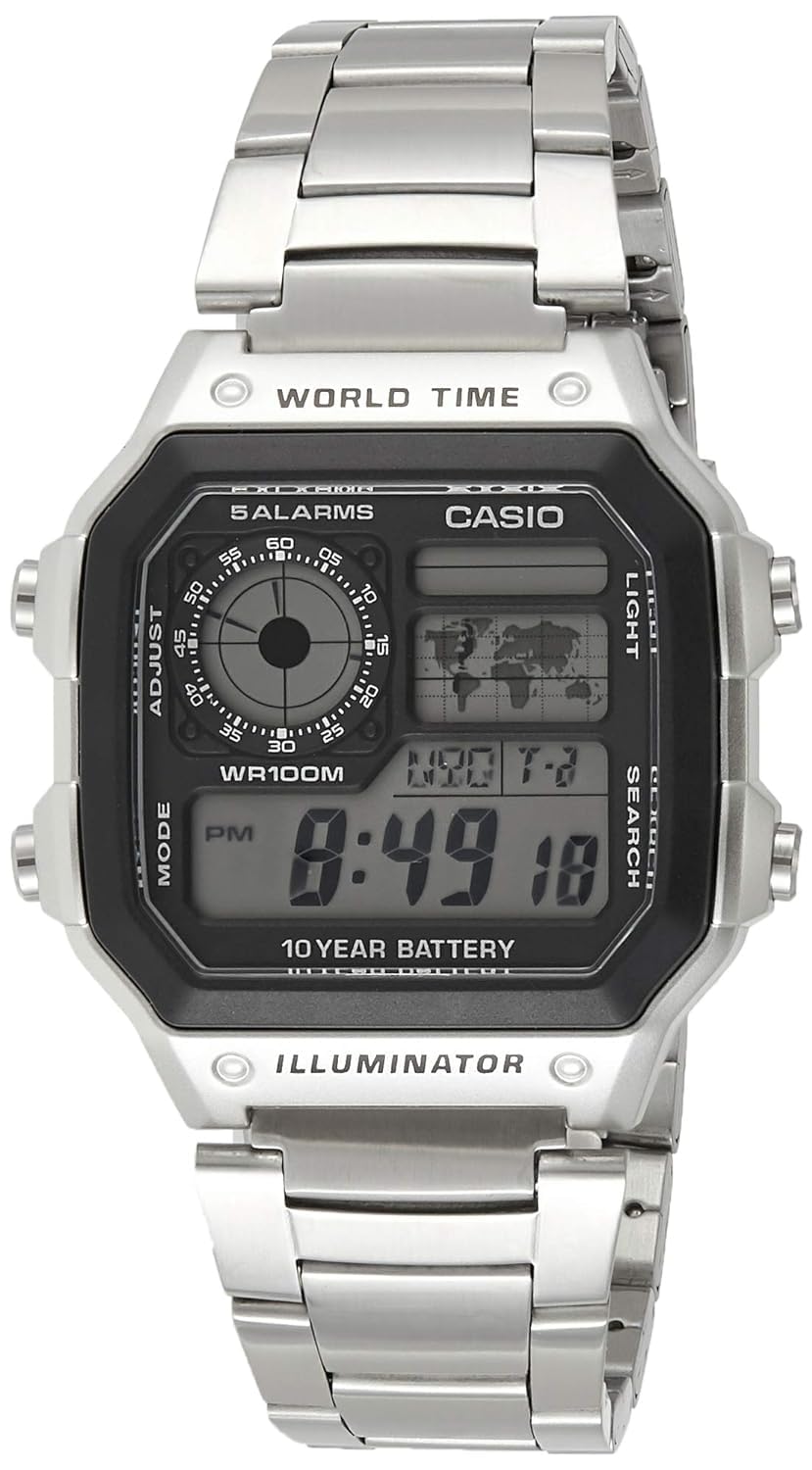 ساعت مردانه Casio - مدل AE-1200WHD-1AVDF با صفحه مشکی و بند نقره‌ای