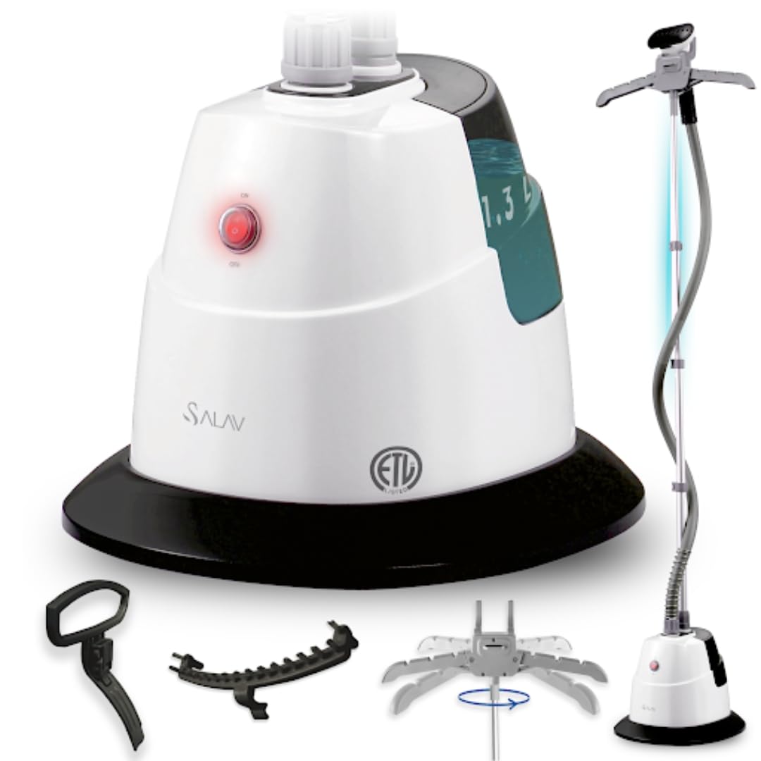 SALAV GS06-DJ Full Size Garment Steamer, Heats in 45secs, 1.3L Water Tank for 46mins of Steam Time, Dual-Insulated Hose, Includes Fabric Brush and Pants Press, 1500watts, Black