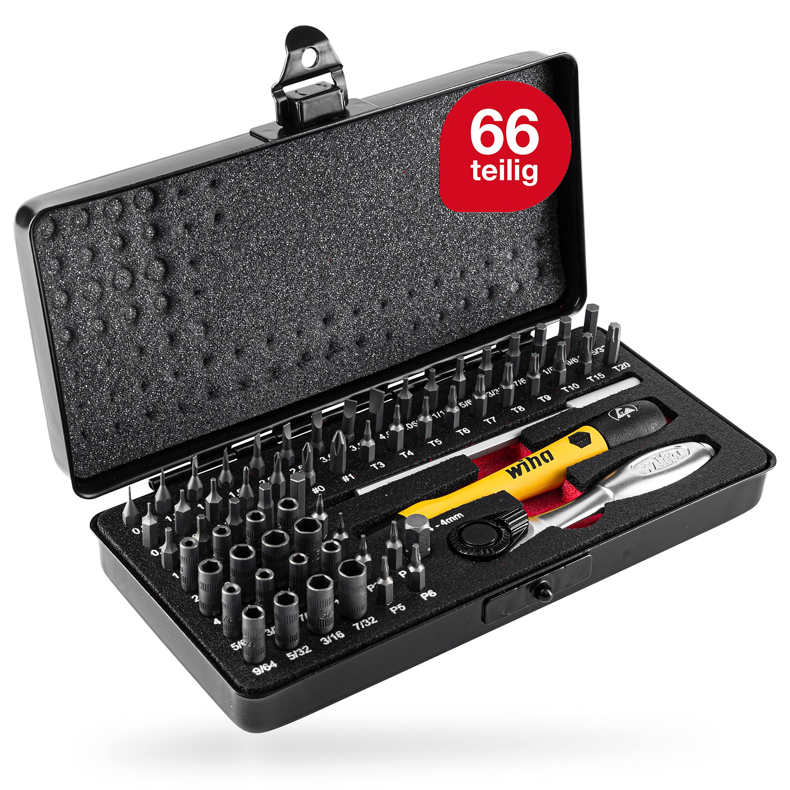 جعبه ویها میکرو بیت، ESD، 65 تکه، برای قطعات الکترونیکی، مهندسی دقیق و مدل‌ها - شامل بیت پنتالوب، دسته پیچ فین و راچت، مجموعه بیت پیچ‌گوشتی با نگهدارنده بیت