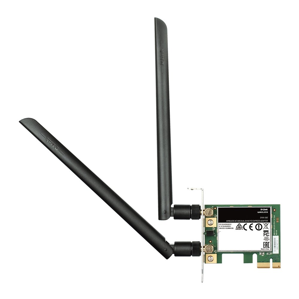 D-Link DWA-582 آداپتور بی‌سیم PCIe Wi-Fi AC1200 با آنتن‌های خارجی 2 عدد، قابلیت پخش 4K با سرعت 1200 مگابیت بر ثانیه، رنگ مشکی