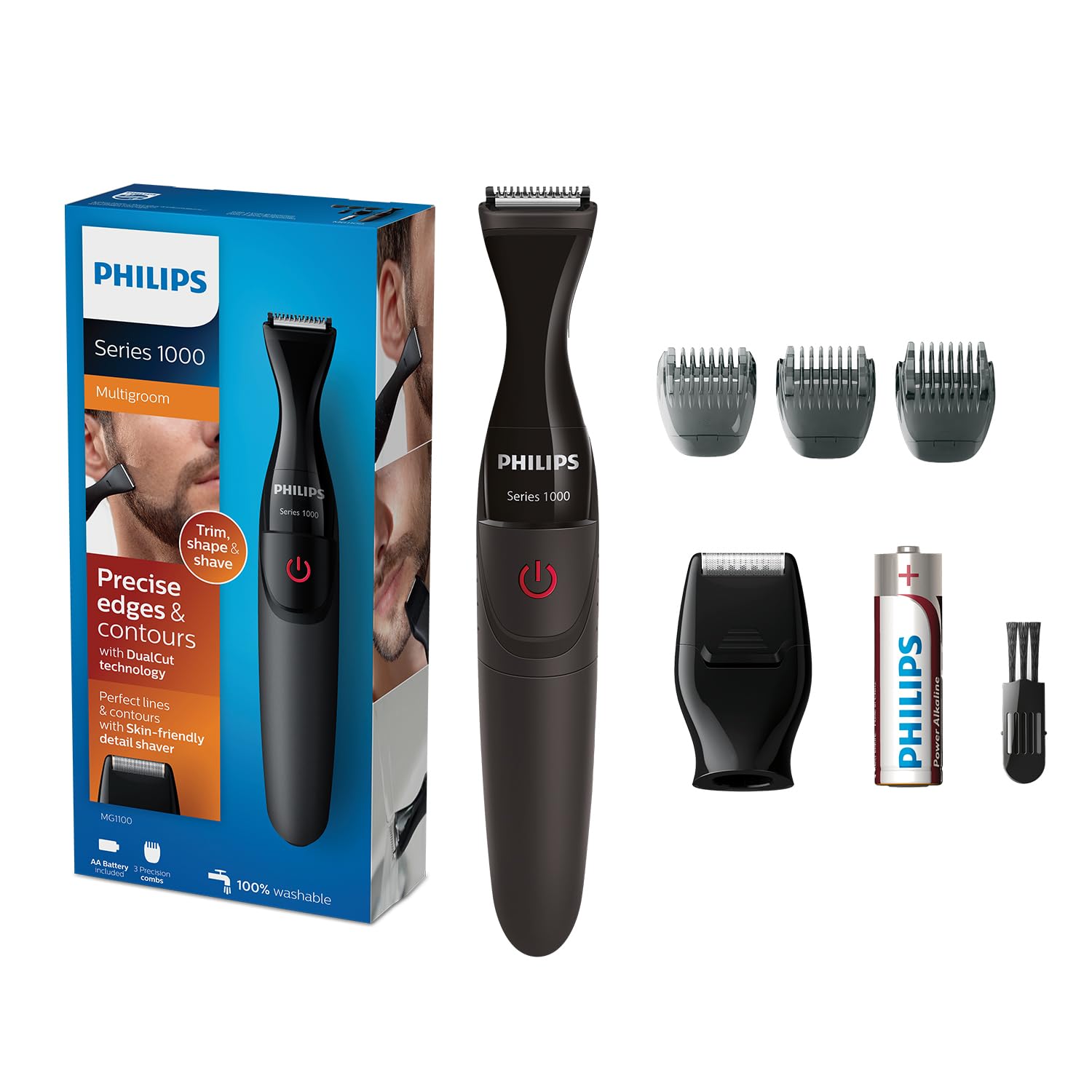 Philips Multigroom MG1100/16 | ابزار تراش و اصلاح سبیل بسیار دقیق | ۳ شانه دقیق | قابل شستشو کامل | با باتری AA MG1100/16، اصلاح سبیل بسیار دقیق