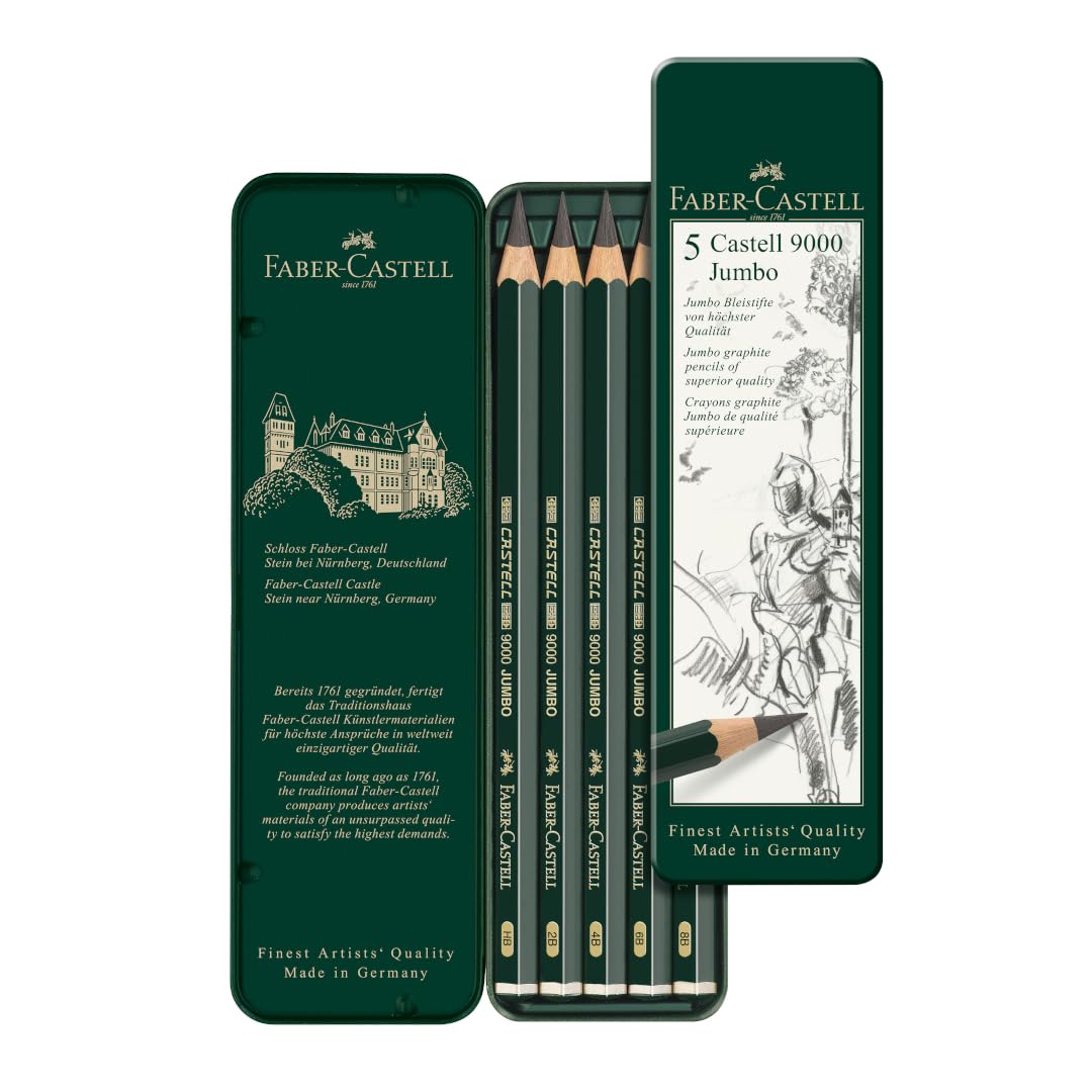 استیلو FABER-CASTELL فابر کاستل 9000 مداد گرافیتی جامبو 5 عددی اچ‌بی 8بی در یک جعبه‌ی فلزی مسطح، سیاه، 119305، جامبو تین اچ‌بی، 2بی، 4بی، 6بی و 8بی جامبو تین اچ‌بی، 2بی، 4بی، 6بی و 8بی مدرن