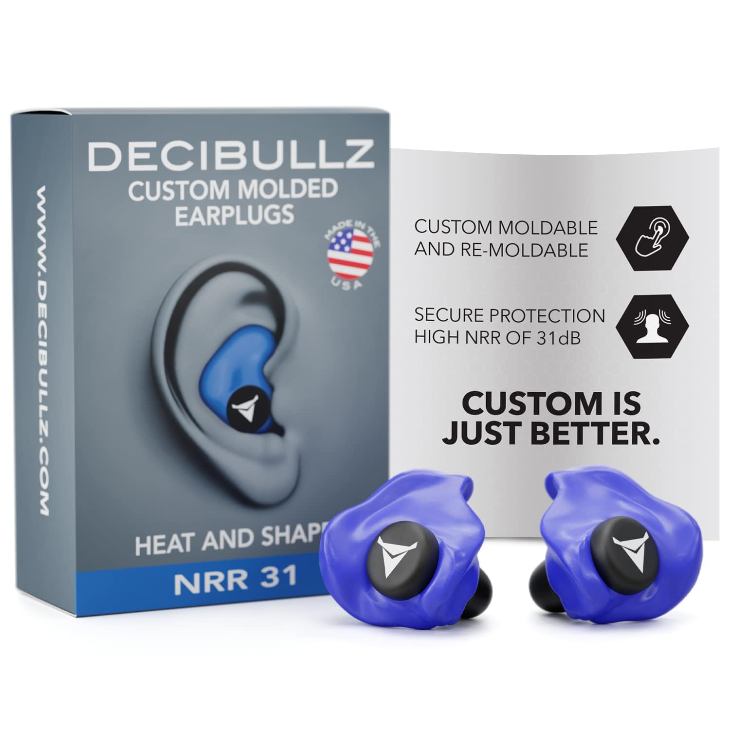 Decibullz - سیم‌گوشی‌های سفت شده سفارشی، NRR بالاترین 31dB، حفاظت راحت برای شلیک، سفر، شنا، کار و کنسرت‌ها (آبی)