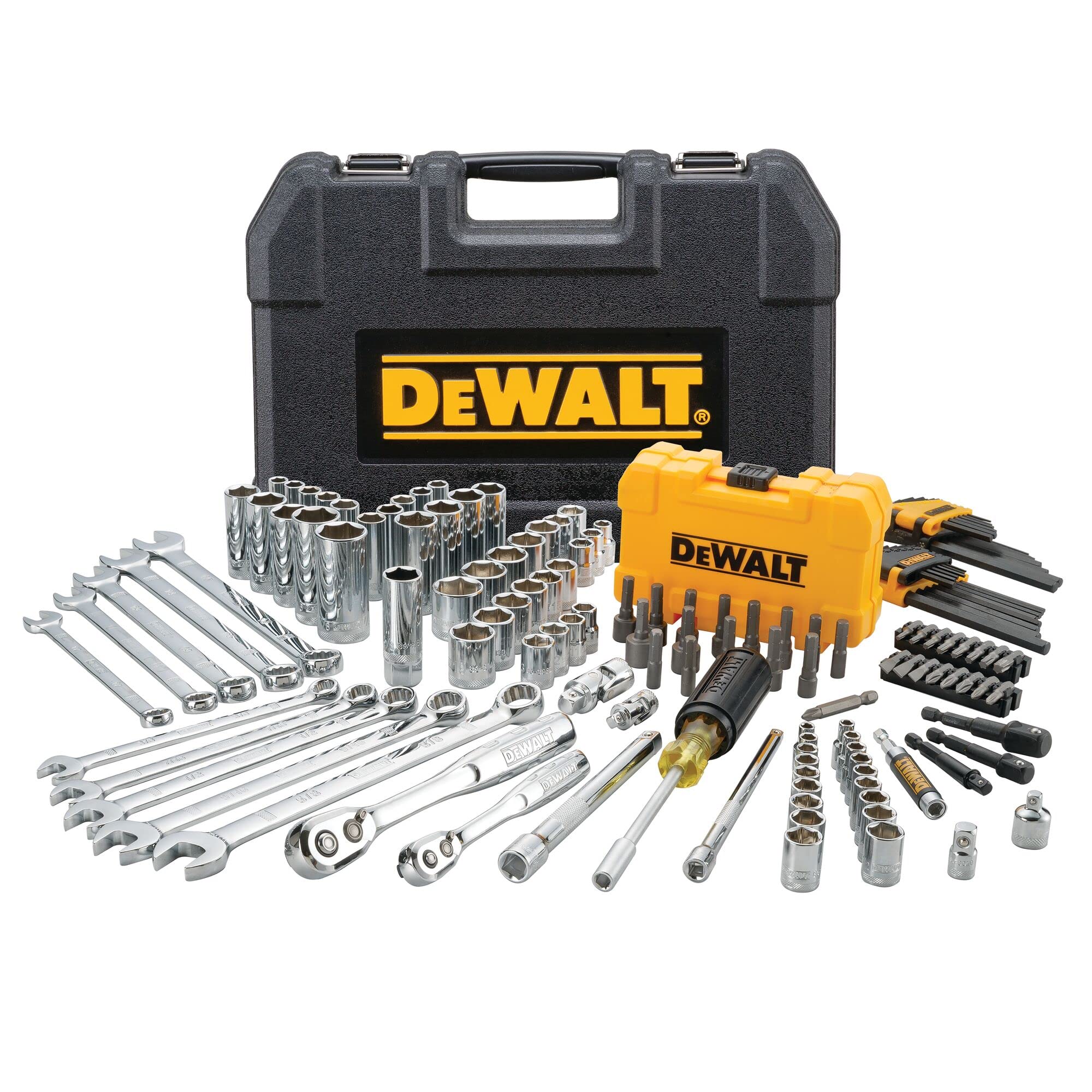 مجموعه ابزارهای مکانیکی و مجموعه سوکت DEWALT ، 142 تکه ، راننده 1/4 و 3/8 اینچ ، MM/SAE (DWMT73802) 142 قطعه کیت ابزار و سوکت