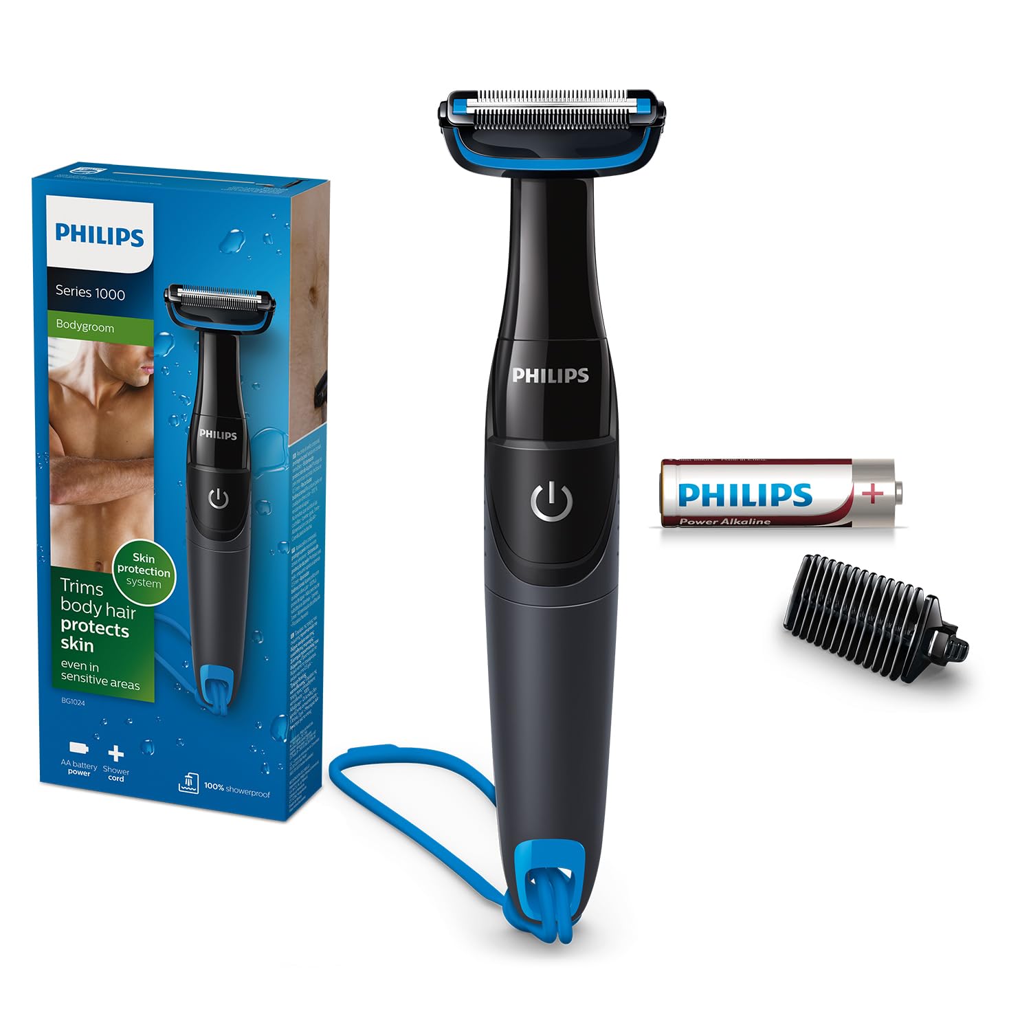 Philips Bodygroom BG1024/16 | Showerproof Groin & Body Trimmer | Bidirectional Trimmer, Skin Protection System | AA Battery Included UAE Version