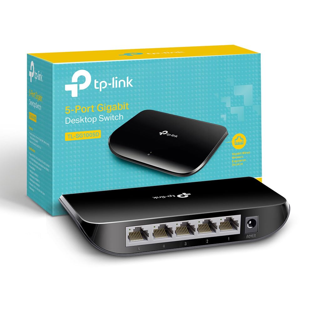 سوئیچ شبکه TP-Link TL-SG1005D با 5 پورت گیگابیت اترنت، تقسیم‌کننده اترنت، هاب، قابل نصب روی دیوار و رومیزی، قاب پلاستیکی، پلاگ اند پلی، صرفه جویی در انرژی، با رنگ سیاه و 5 پورت گیگابیتی| رومیزی