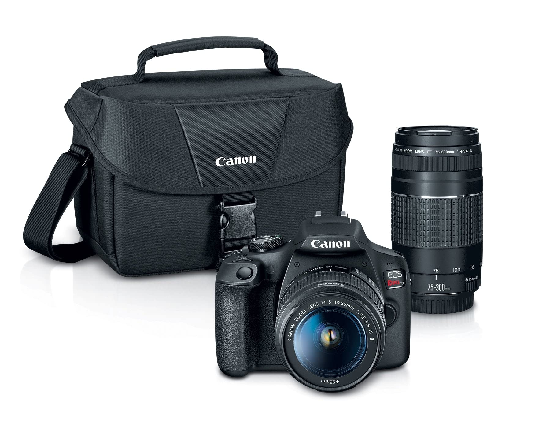 دوربین دیجیتال اس‌آرتی‌ام کانن EOS Rebel T7 با لنز EF 18-55 میلیمتر + EF 75-300 میلیمتر کیت دوبل زوم، بدنه CNEOSRT7LENX2 با لنزهای 18-55 میلیمتر و 75-300 میلیمتر