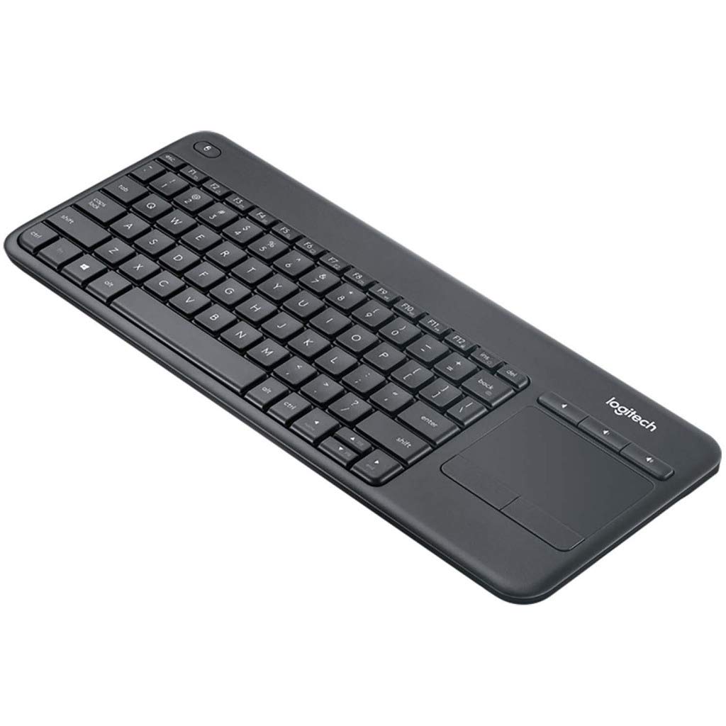 صفحه کلید بی‌سیم تاچ تلویزیونی Logitech K400 Plus با کنترل رسانه‌های آسان و تاچ‌پد داخلی، صفحه کلید HTPC برای تلویزیون‌های متصل به کامپیوتر شخصی، ویندوز، اندروید، سیستم عامل کروم، لپتاپ، تبلت، طرح بین‌المللی آمریکا - رنگ مشکی