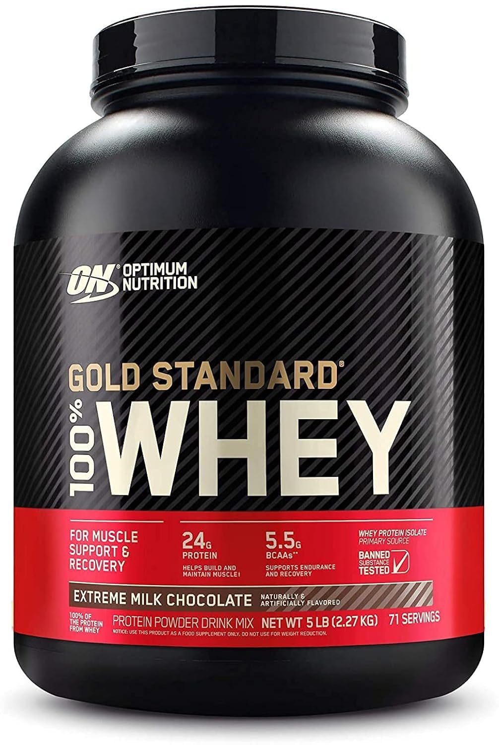 پودر پروتئین وی میوه طلایی Optimum Nutrition (ON) 100٪ آیزوله منبع اصلی، 24 گرم پروتئین برای حمایت از عضلات و بازیابی - شکلات شیری اکستریم، 5 پوند، 71 سروینگ (2.27 کیلوگرم) کیلوگرم شکلات شیری اکستریم 5 پوند
