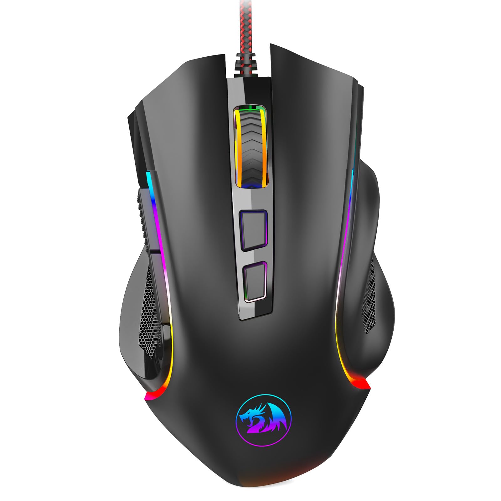 موش دسته بازی Redragon M602 NEMEANLION با رابط USB و دقت ۳۰۰۰ DPI برای کامپیوتر، دارای ۷ دکمه و نورپردازی LED با رنگ‌های مختلف، مدرن و رنگ مشکی