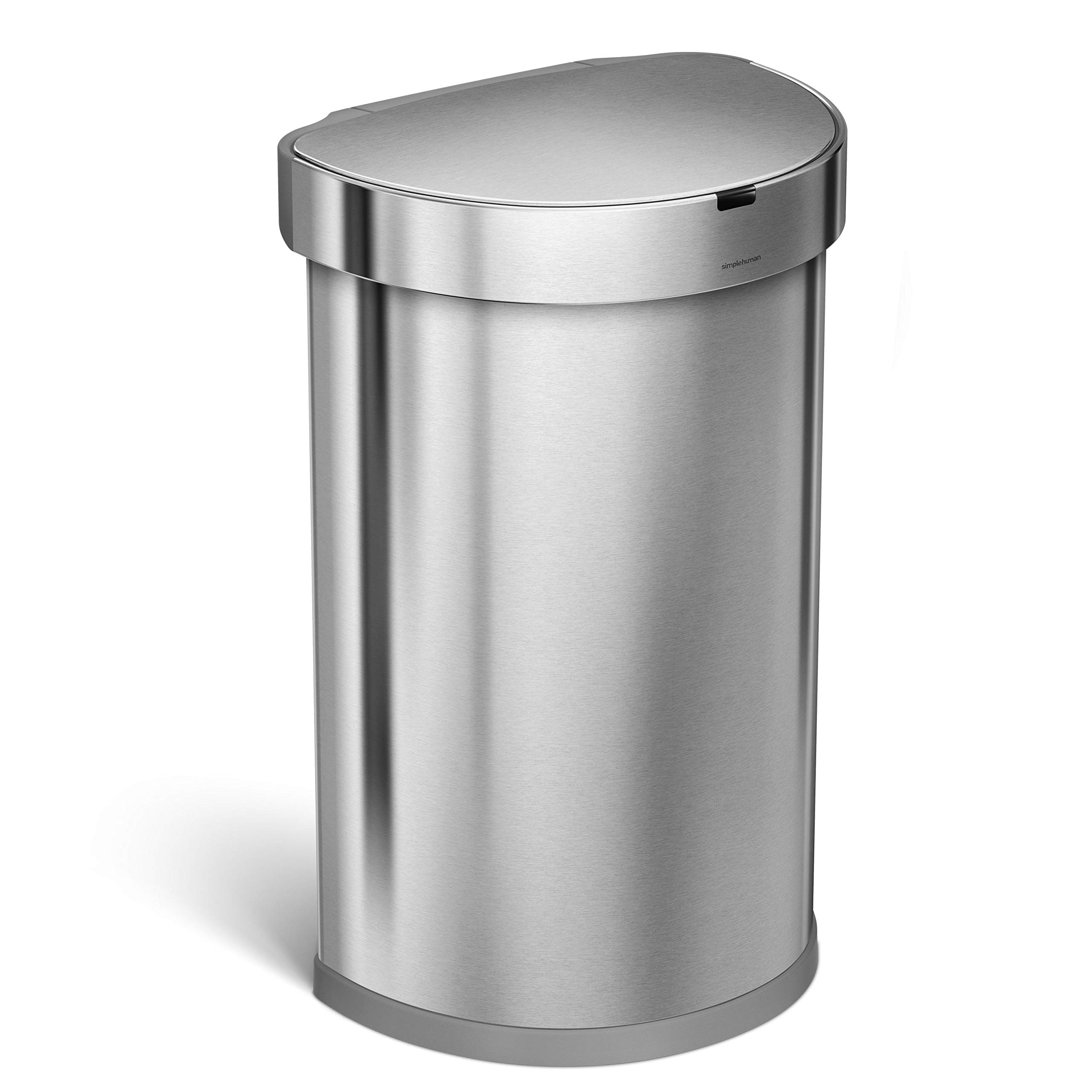 سطل با سنسور نیم دایره‌ای simplehuman ST2009 45 لیتری، از جنس استیل براق، ابعاد: عرض 39.1 سانتی‌متر × ارتفاع 64.1 سانتی‌متر × عمق 32.6 سانتی‌متر، استیل براق 45 لیتری با سنسور