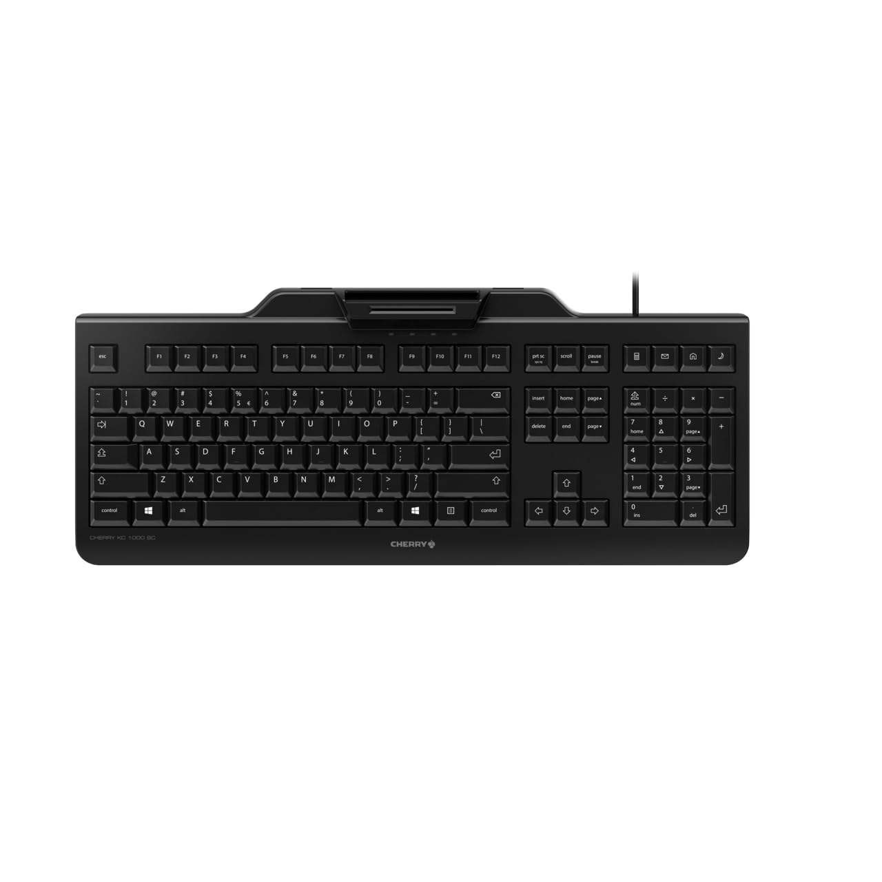 کیبورد امنیتی باسیم CHERRY KC 1000 SC با خواننده کارت یکپارچه، طرح EU (QWERTY)، پلاگ اند پلی (USB-A)، طراحی فلت، رنگ مشکی طرح EU - QWERTY مشکی