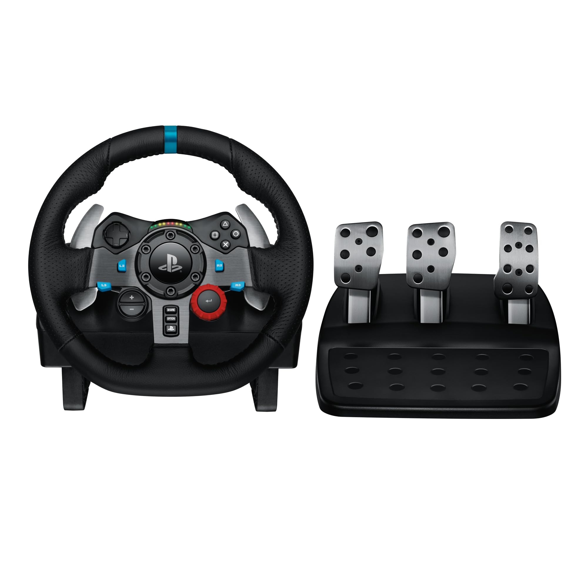 چرخ فرمان و پدال‌های فلور Logitech G29 Driving Force، بازخورد نیروی واقعی، شیفتر‌های استیل نگیر و کاور چرمی فرمان برای PS5، PS4، کامپیوتر، مک - مشکی