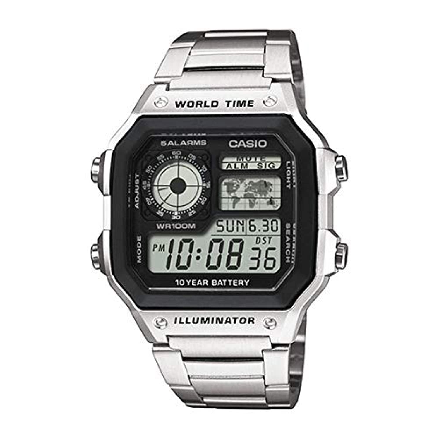 ساعت مچی مردانه Casio - طراحی صفحه سیاه AE-1200WHD-1AVDF، بند نقره‌ای