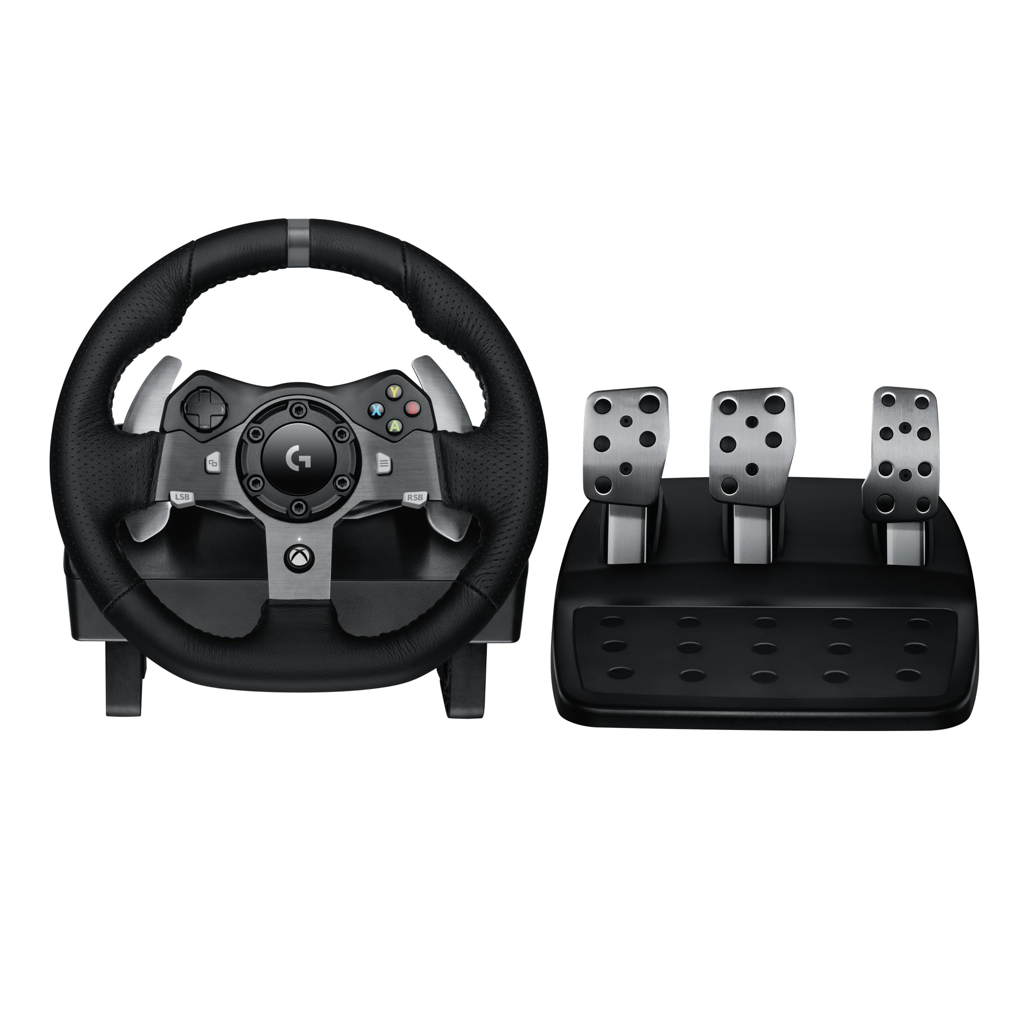 چرخ دنده و پدال‌های زمینی Logitech G920 Driving Force Racing، بازخورد نیروی واقعی، دارای پدال‌های استیل ضدزنگ برای Xbox Series X|S، Xbox One، PC، Mac - سیاه - ورژن UAE G920 (XBOX | PC)