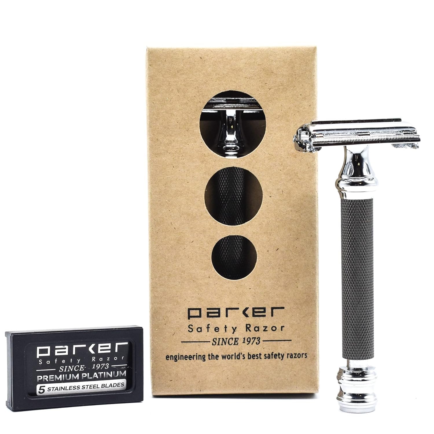 جوش دو لبه باز Parker 76R - دوار لبه تیغ ایمنی - سنجیده‌ای فوق العاده سنگین - 5 تیغه اضافه شارک سوپر کروم همراه. رنگ سیاه