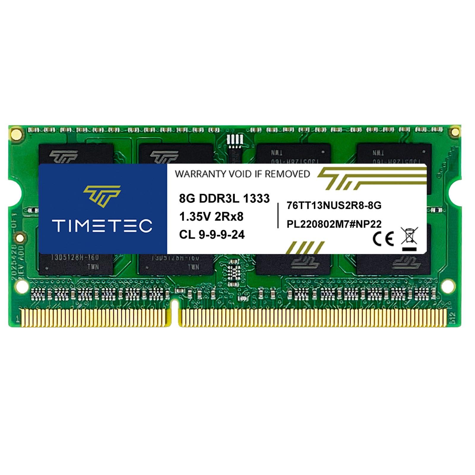 ماژول حافظه رم کامپیوتر تایمتک ۸ گیگابایت DDR3 با سرعت ۱۳۳۳ مگاهرتز، غیر ECC، بدون بافر، ولتاژ ۱.۵ ولت، CL9، ۲Rx8، دو رنک، ۲۰۴ پین SODIMM برای لپتاپ و نوتبوک