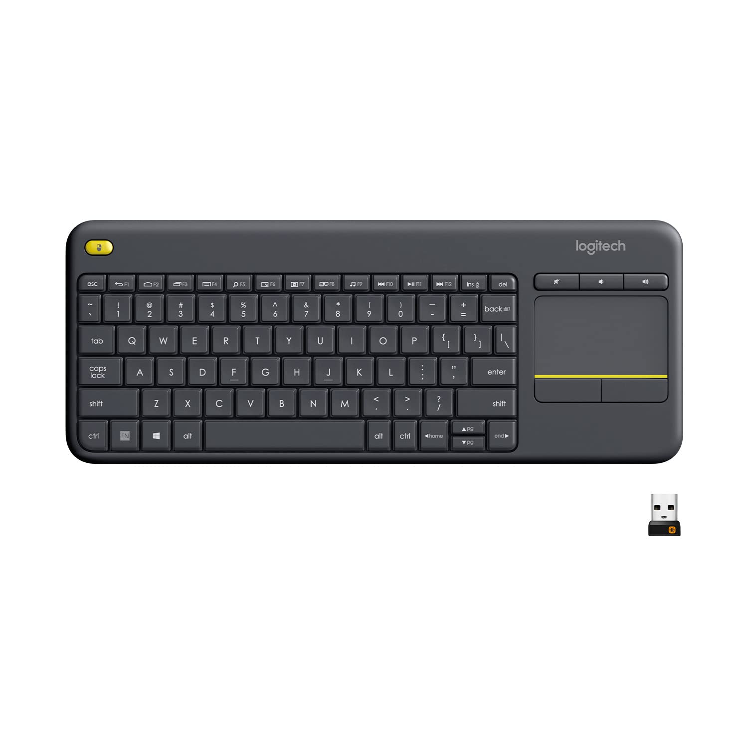 کیبورد بی‌سیم Logitech K400 Plus با تاچ‌پد برای کاربری در اتاق نشیمن برای کامپیوترهای خانگی متصل به تلویزیون، کلیدهای چندرسانه‌ای قابل تنظیم، سازگار با ویندوز، اندروید، لپتاپ/تبلت، طرح انگلیسی - مشکی