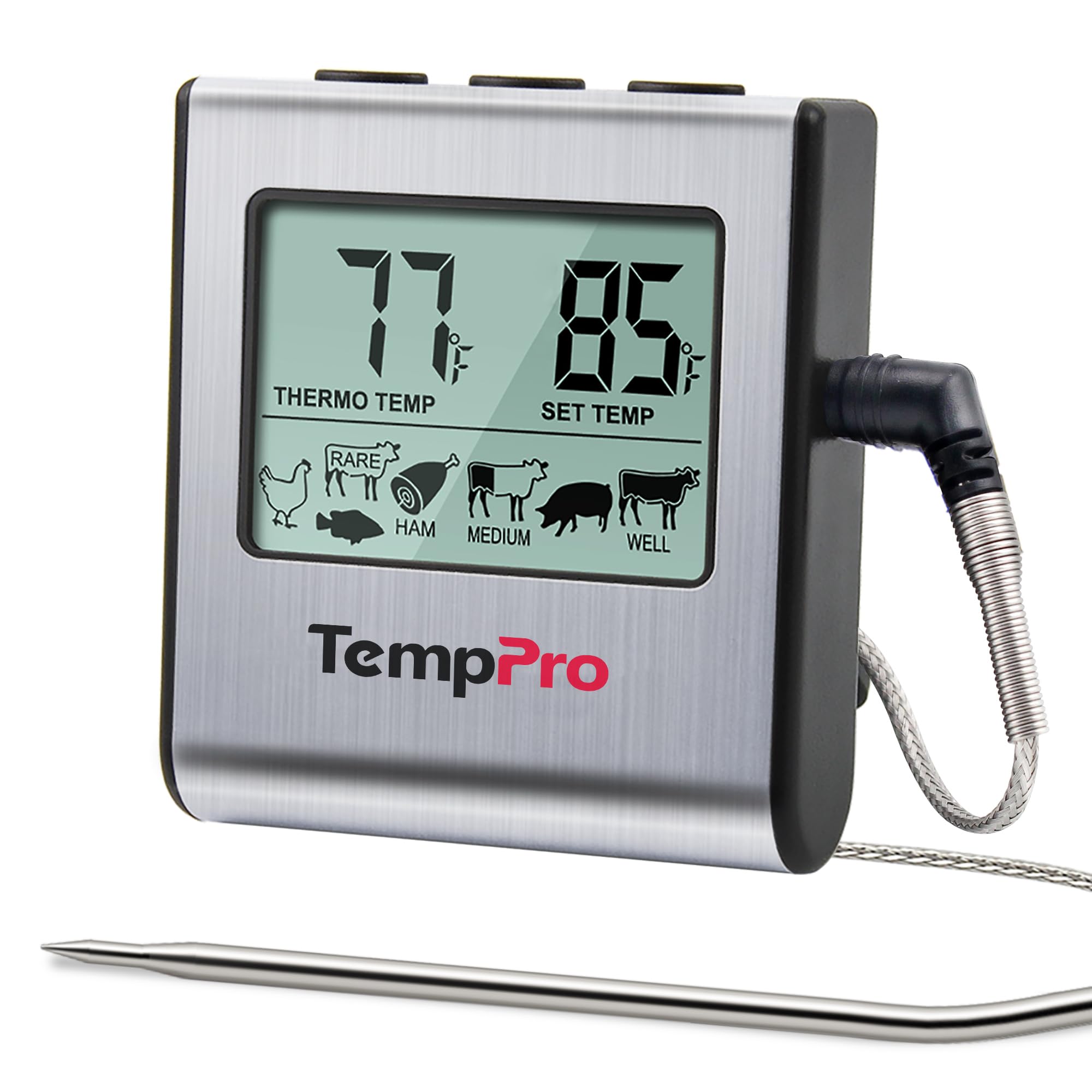 ThermoPro TP-16 Large LCD Digital Cooking Food Meat Thermometer for Smoker Oven Kitchen BBQ Grill Thermometer Clock Timer with Stainless Steel Temperature Probe