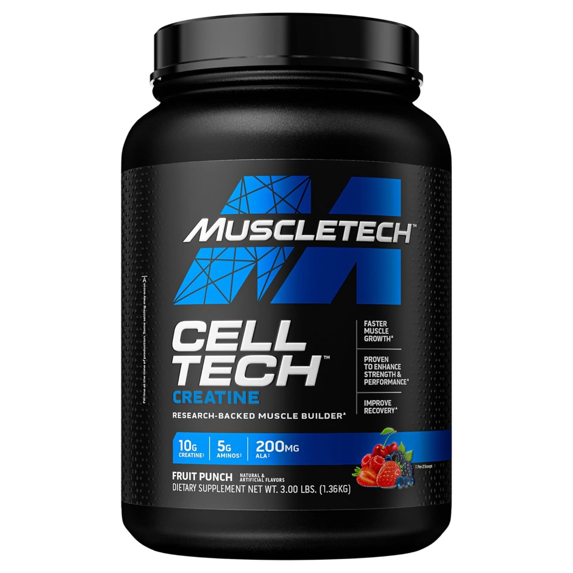 محصول مورد تحقیق کراتین MuscleTech Cell Tech برای رشد سریع تر عضلات، افزایش قدرت و عملکرد و بهبود بازیابی پس از تمرین، نوشیدنی بازیابی پس از تمرین با طعم فیوجن میوه 3.00 پوند