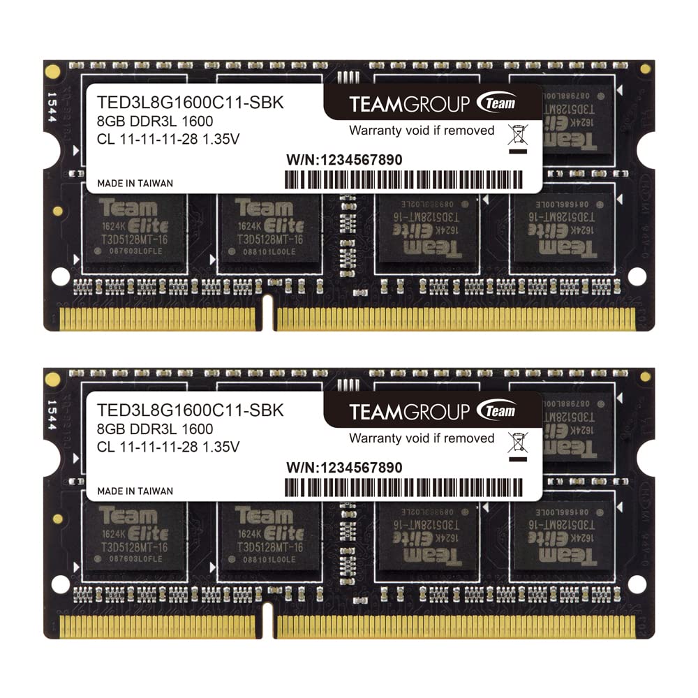 تیم‌گروپ الیت DDR3L کیت 16GB (2 x 8GB) با فرکانس 1600MHz PC3-12800 CL11، غیر بافردار، بدون ECC، ولتاژ 1.35 ولت SODIMM 204 پین برای ارتقای حافظه رم لپتاپ، نوت‌بوک، کامپیوتر شخصی - ماژول حافظه TED3L16G1600C11DC-S01-16GB 16GB (8GBx2)