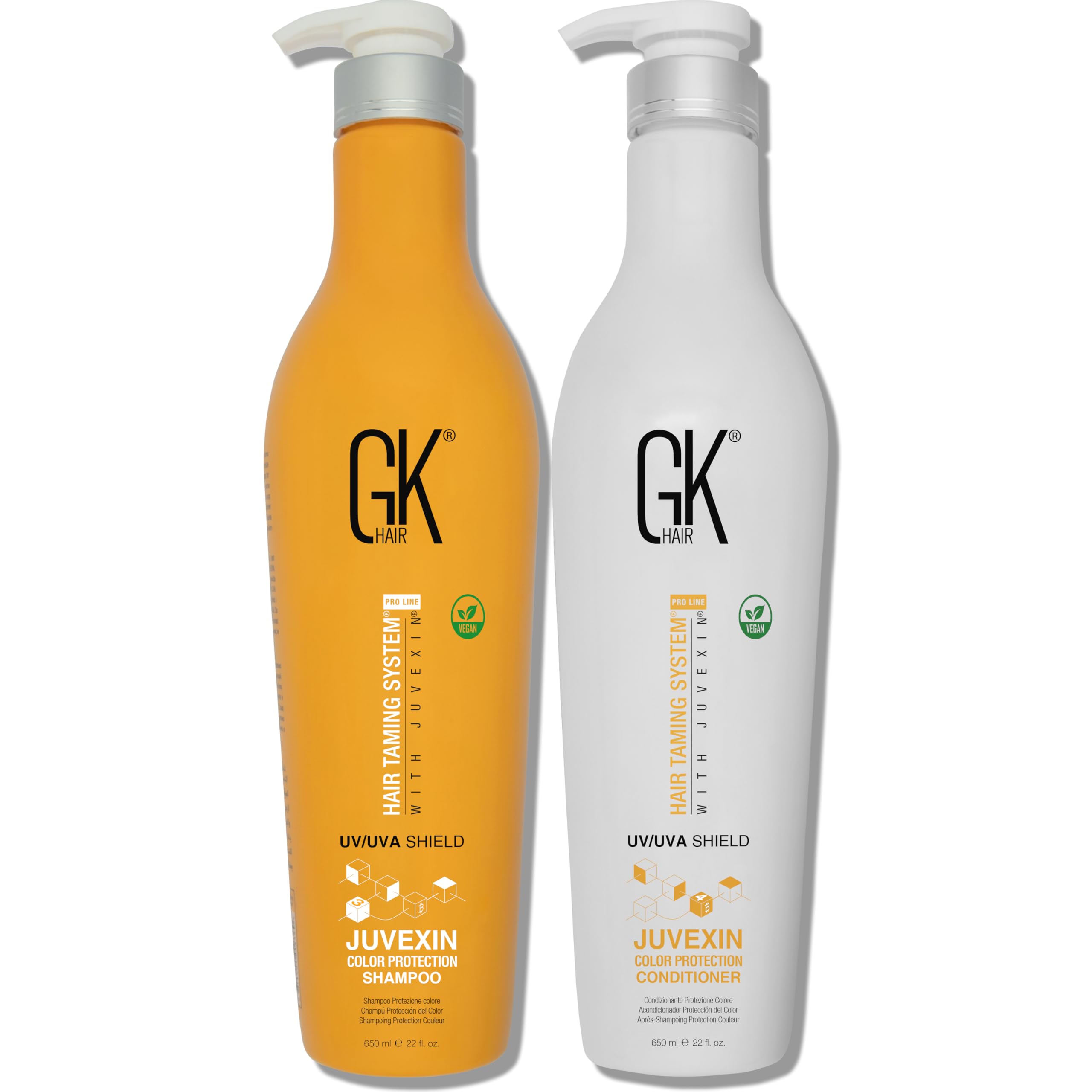 شامپو و کاندیشنر Global Keratin Colored Shield از برند GK HAIR (22 اونس/650 میلی لیتر) - تمیز کردن عمیق، نرم کننده، حفاظت حرارتی برای موهای رنگ شده خشک، آسیب دیده و مجعد - خالی از سولفات 650 میلی لیتر (بسته 2 عدد)