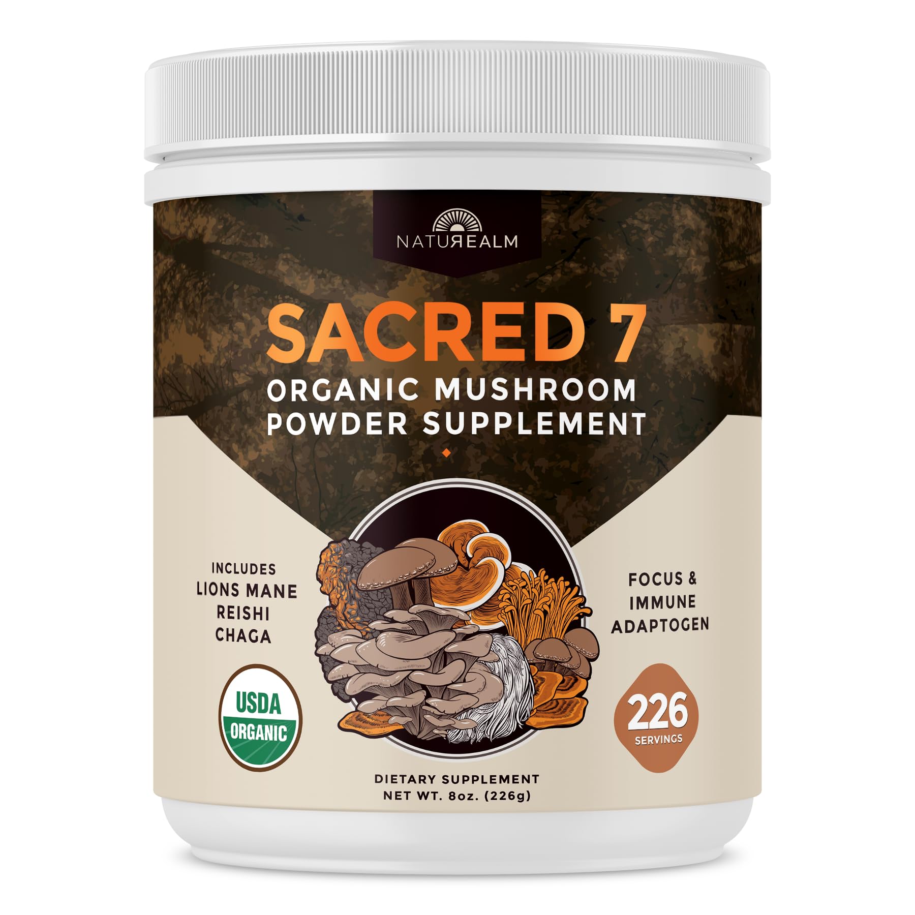 پودر عصاره قارچ SACRED 7 - ارگانیک USDA - Main's Mane، Reishi، Cordyceps، Maitake، Shiitake، Turkey Tail، Chaga - مکمل ایمنی - اضافه کردن به قهوه و چای - قارچ‌های واقعی - بدون افزودنی - ۲۲۶ گرم