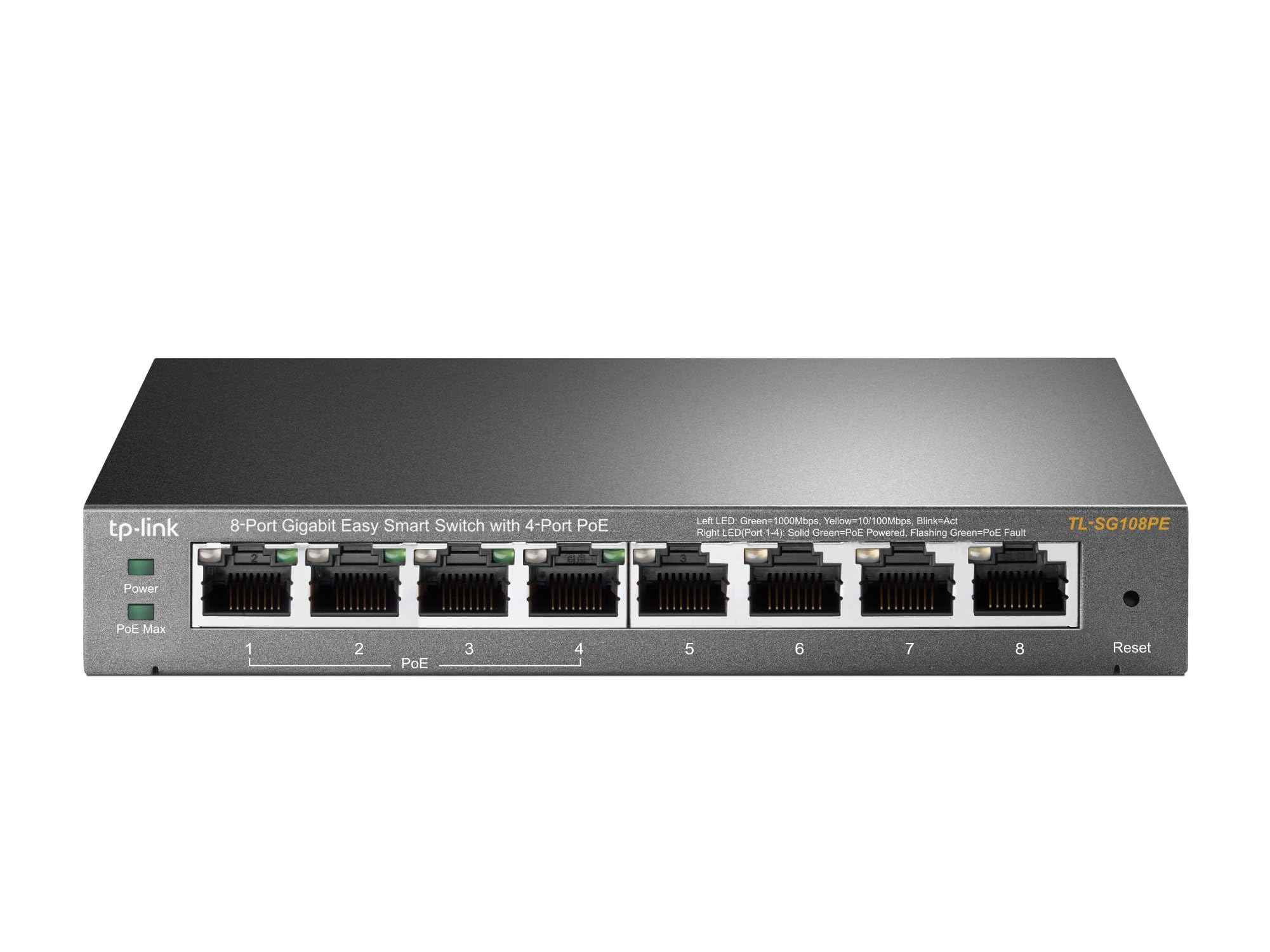 TP-Link TL-SG108PE V3 | سوییچ 8 پورت گیگابیت PoE | مدیریت آسان هوشمند | 4 پورت PoE+ با توان 64W | پلاگ اند پلی | بدنه فلزی محکم با پورت‌های پوشش دار | بدون فن | QoS، Vlan و IGMP | حفاظت محدود مادام‌العمر