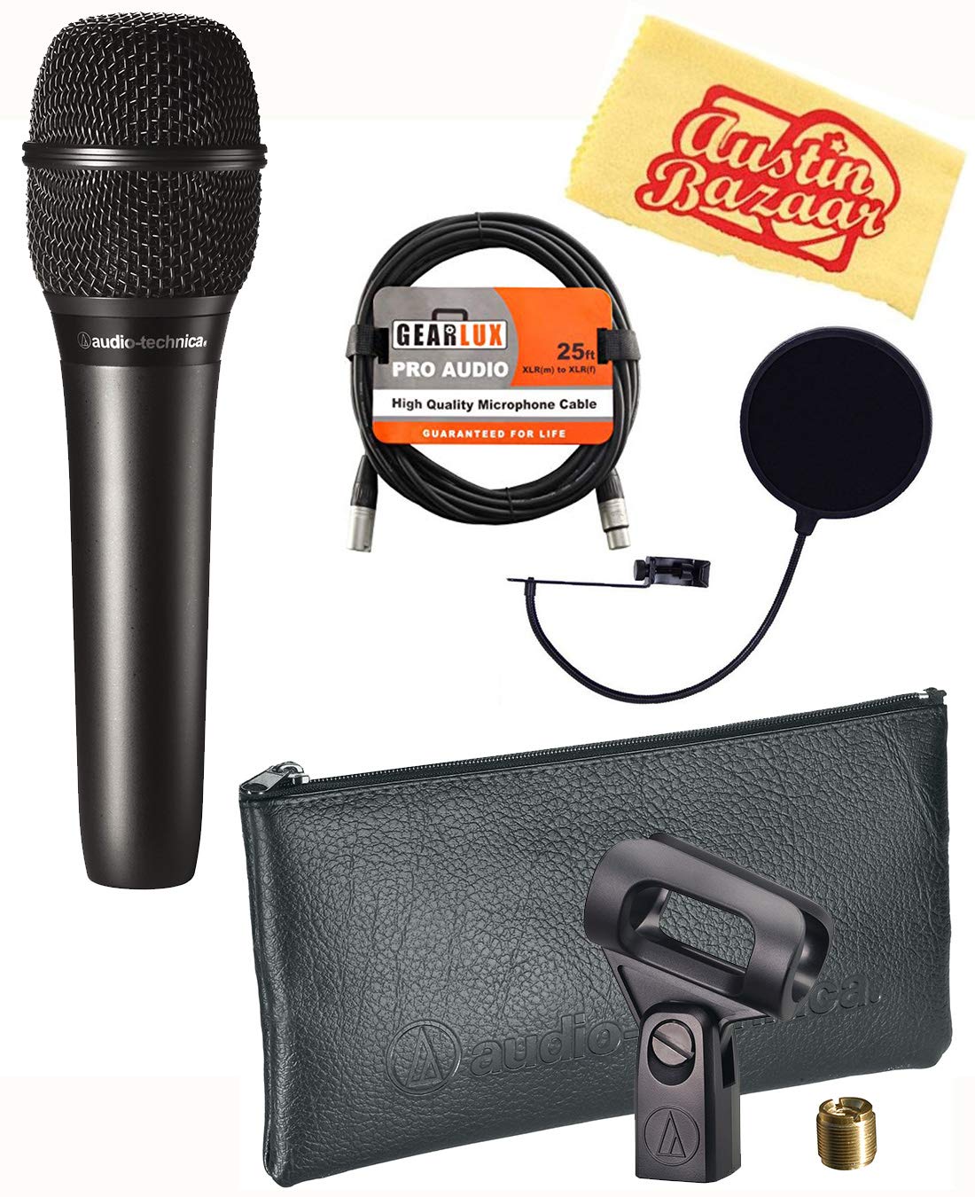 بسته میکروفون دستی کاندنسر Audio-Technica AT2010 با فیلتر پاپ، کابل XLR و پارچه تمیز کننده Austin Bazaar