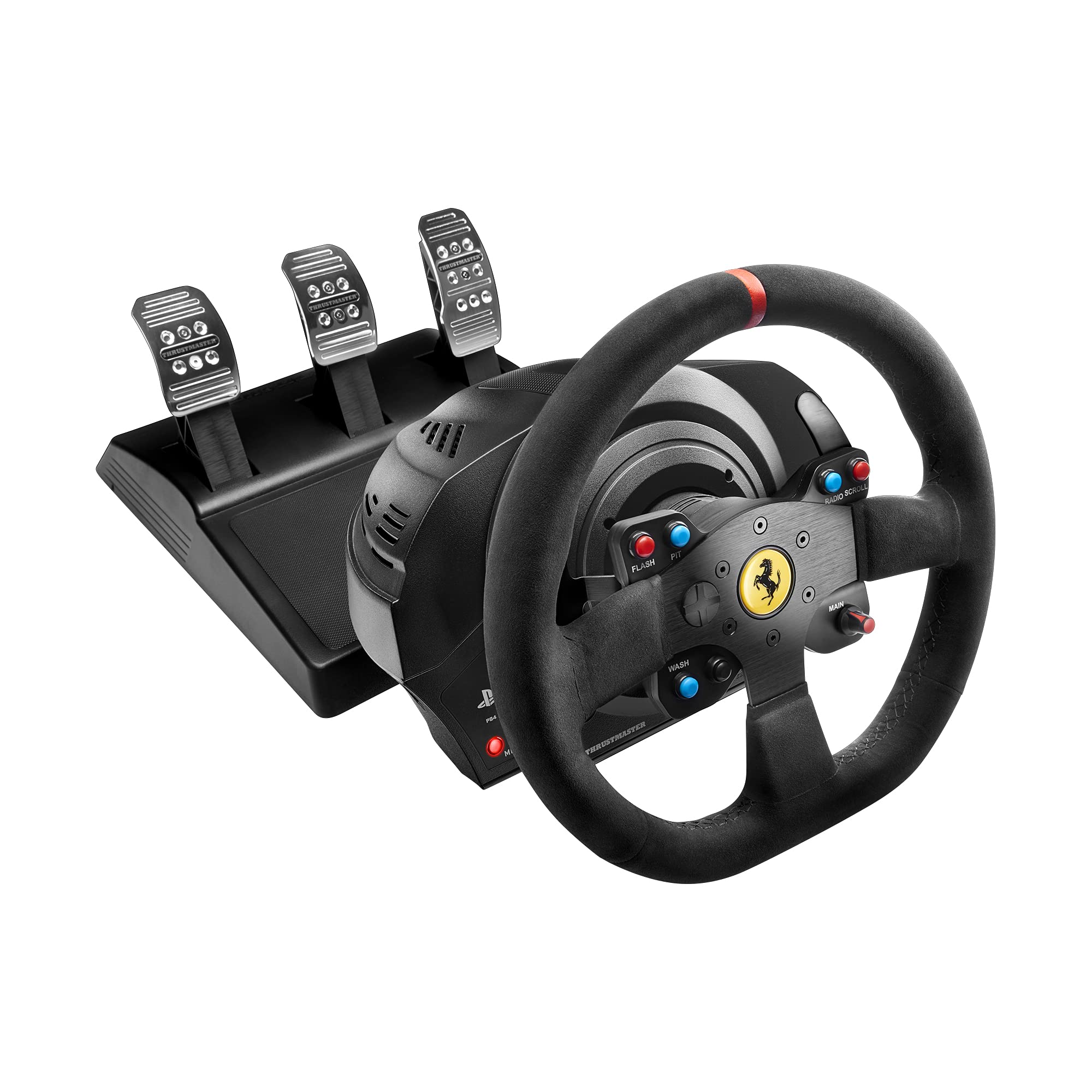 چرخ فرمان مسابقه‌ای Thrustmaster T300 Ferrari Integral Racing Wheel Alcantara Edition، همراه با 3 پدال، سازگار با PS5، PS4 و کامپیوتر، با پوشش آلکانتارا، بازخورد نیرو، موتور براشلس، چرخ قابل تعویض