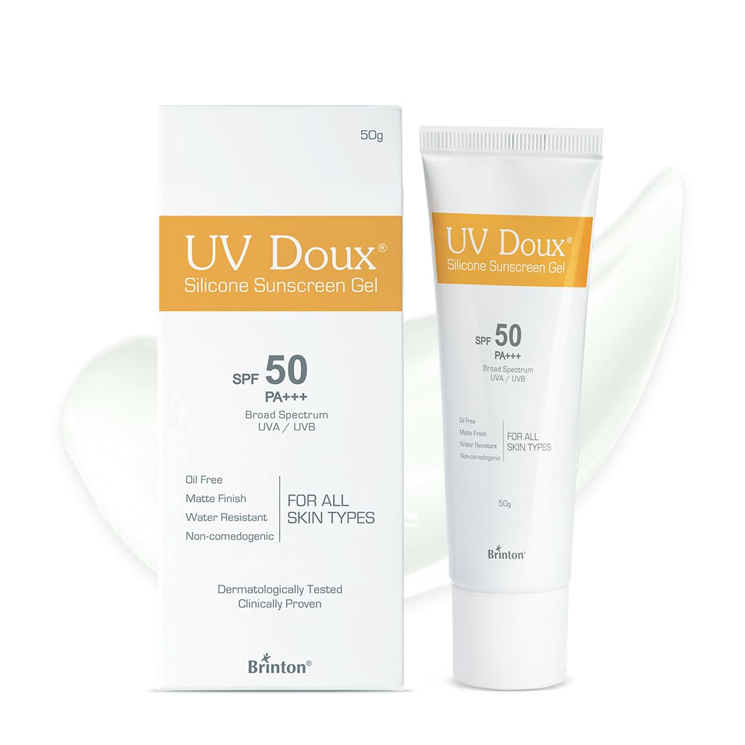 ژل ضد آفتاب سبک Brinton UV Doux با SPF 50 و PA+++ برای صورت و بدن با طیف گسترده بدون لایه سفید | غیر کومدوژنیک، بدون پارابن، مقاوم در برابر آب | برای انواع پوست، 50 گرم